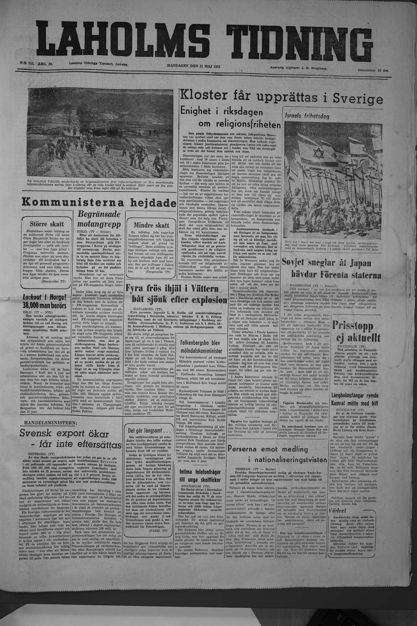 Laholms Tidning Måndag 21 maj 1951, sida 1