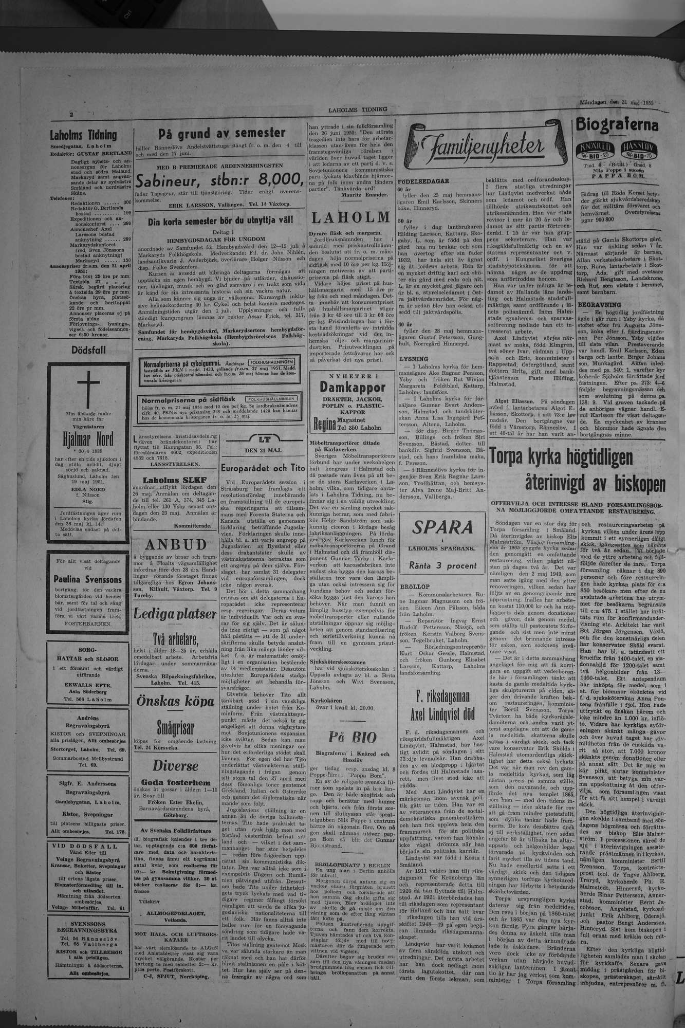 Laholms Tidning Måndag 21 maj 1951, sida 2