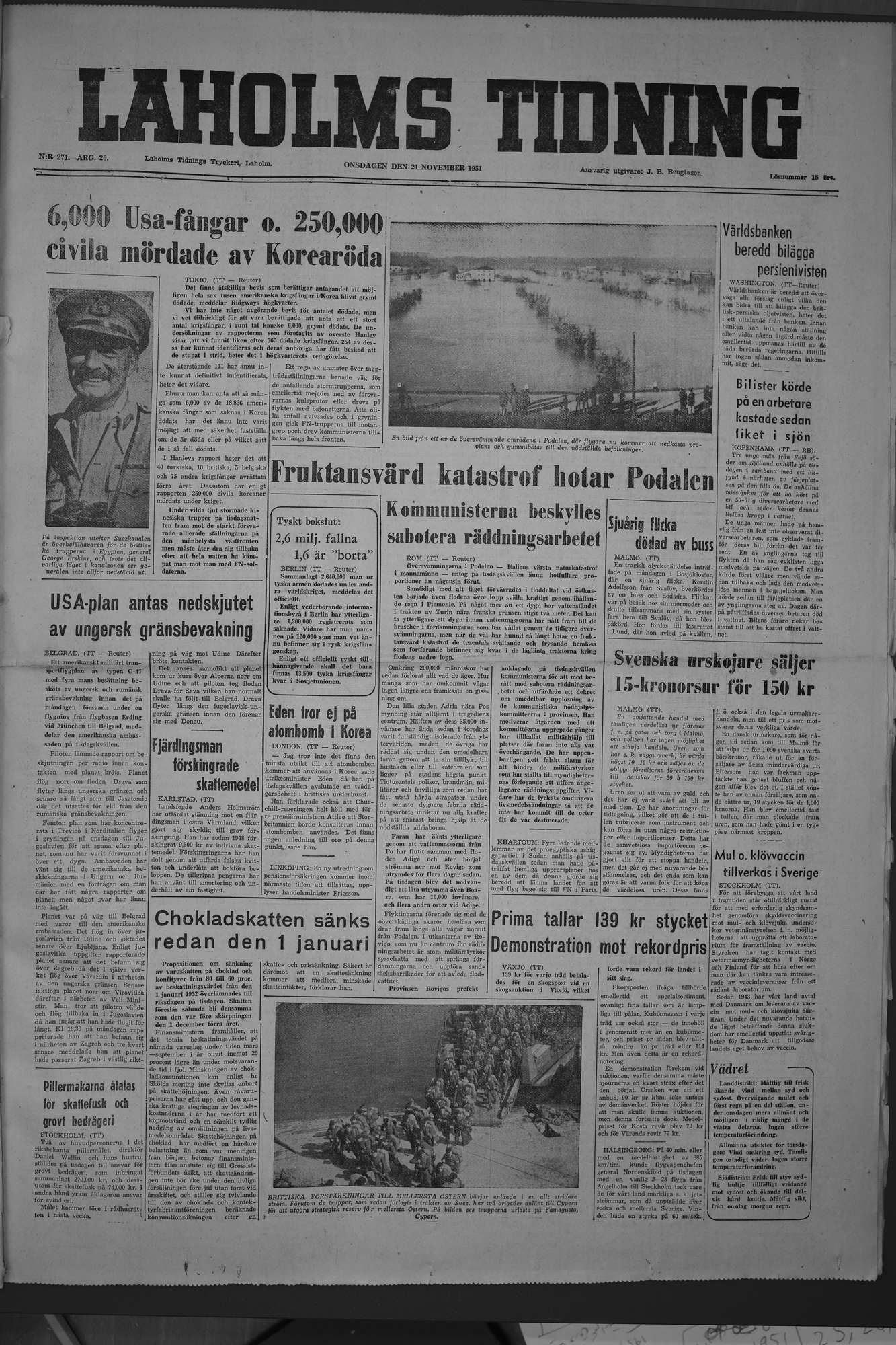 Laholms Tidning Onsdag 21 november 1951, sida 1