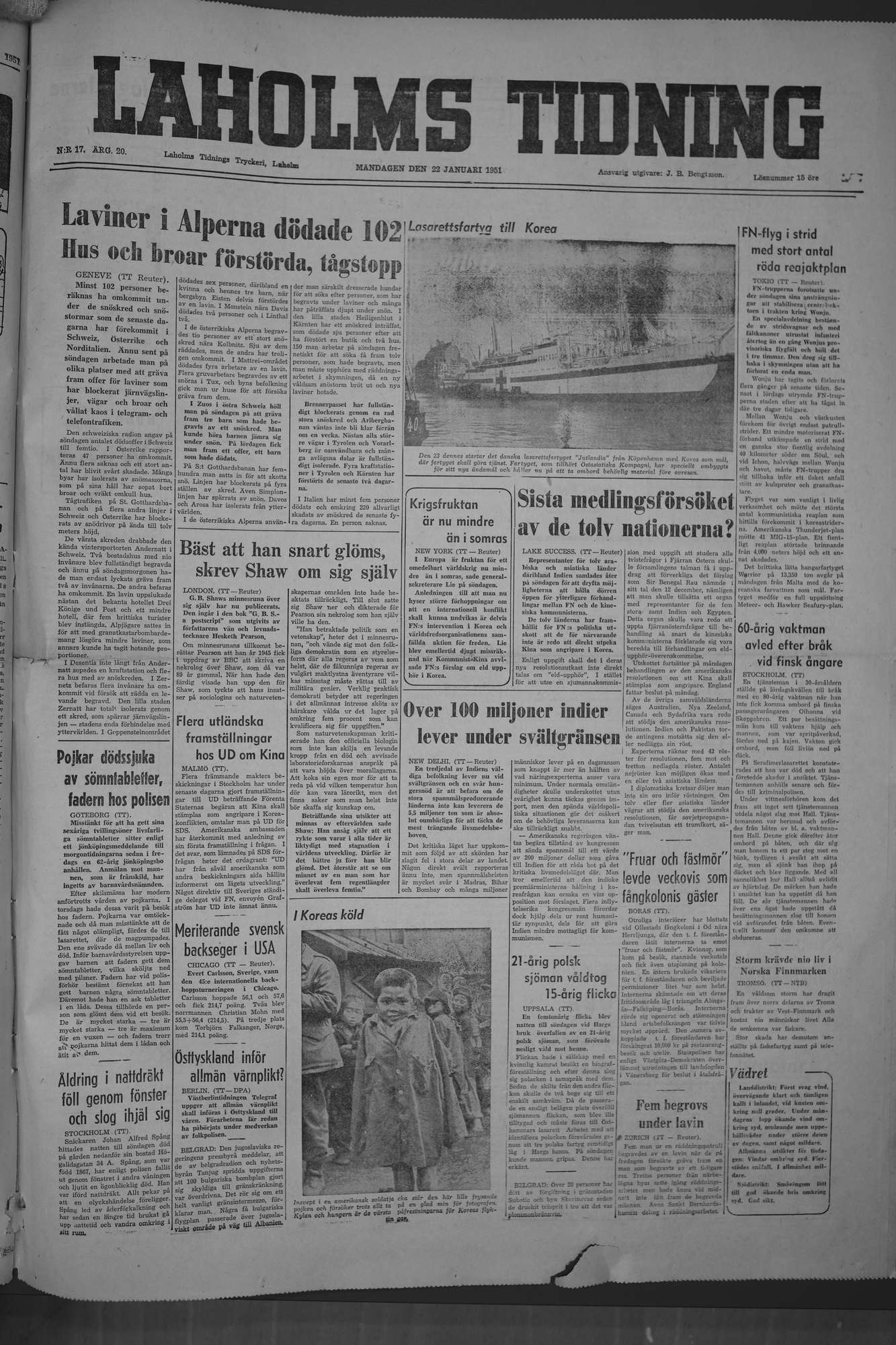 Laholms Tidning Måndag 22 januari 1951, sida 1