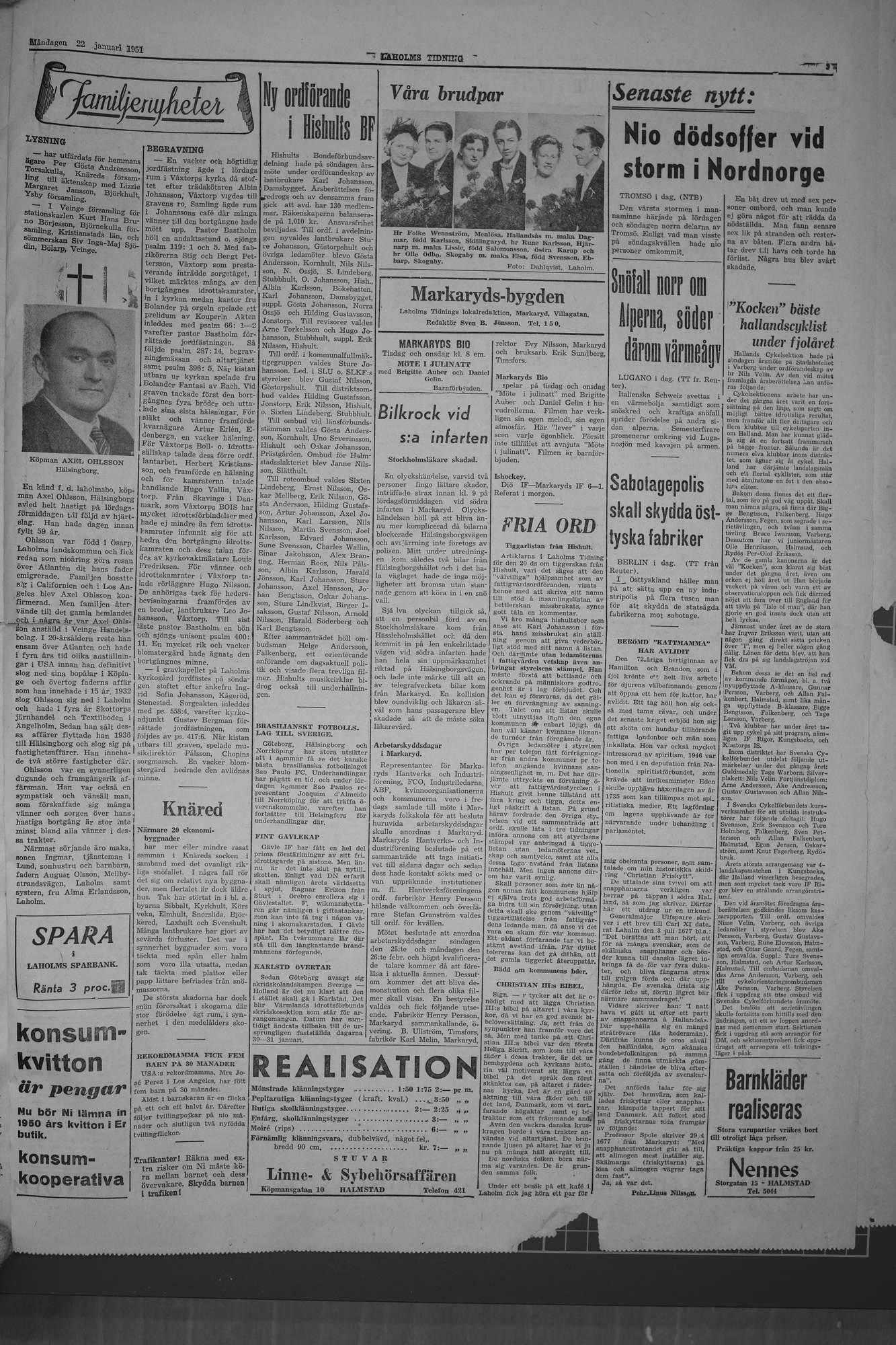 Laholms Tidning Måndag 22 januari 1951, sida 3