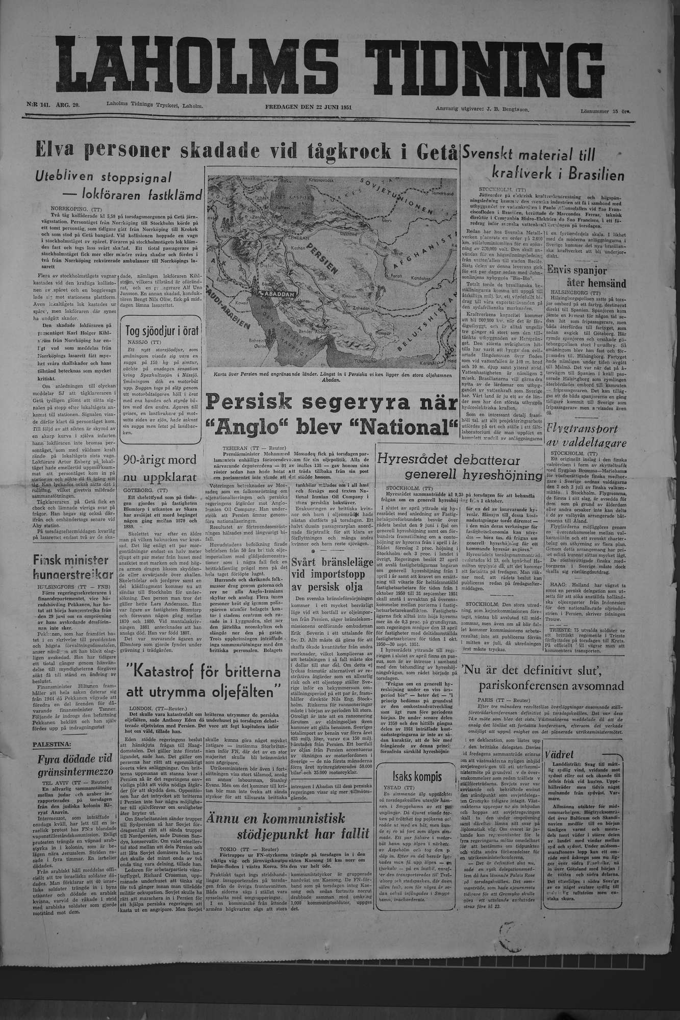 Laholms Tidning Fredag 22 juni 1951, sida 1