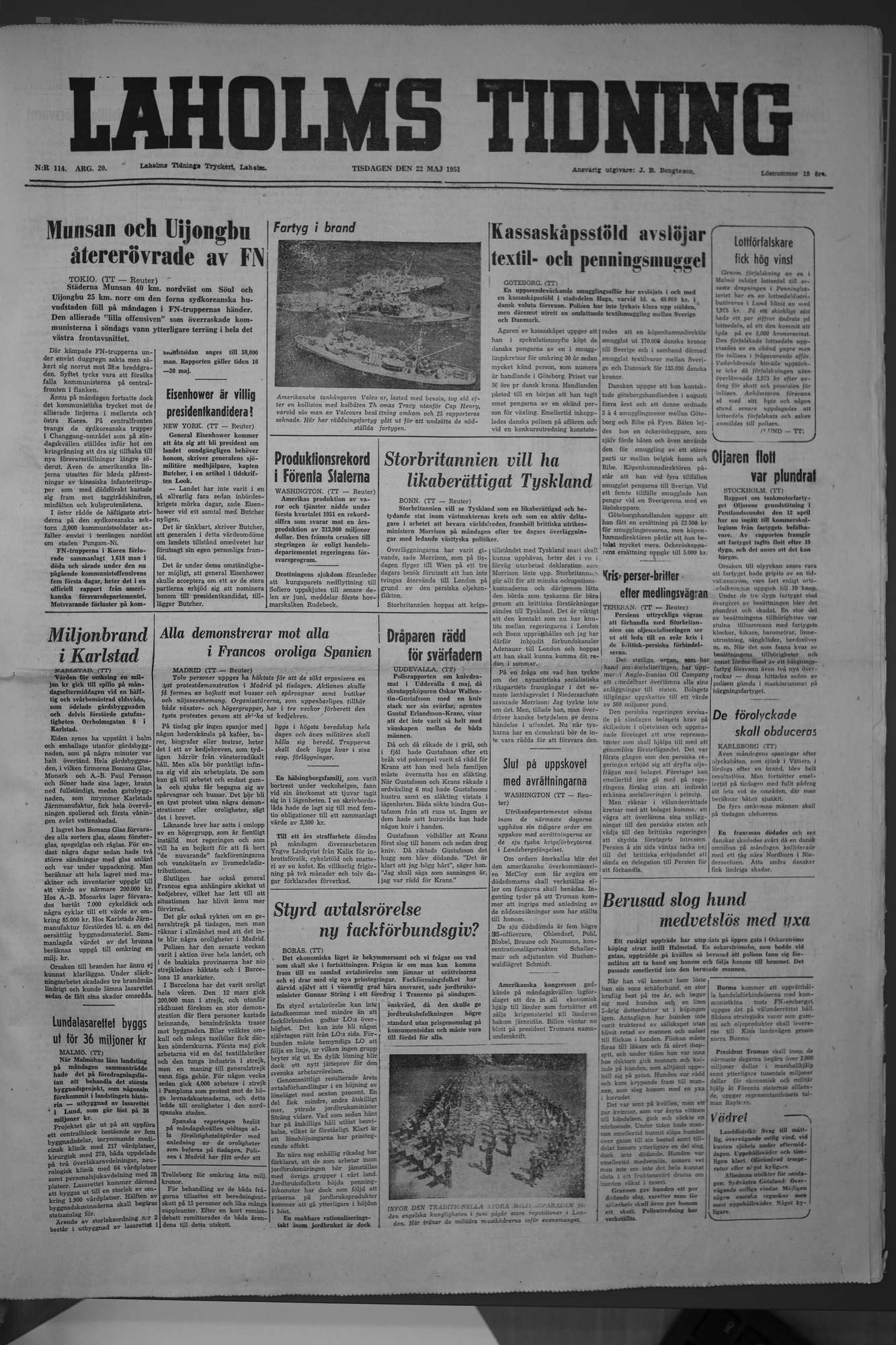 Laholms Tidning Tisdag 22 maj 1951, sida 1