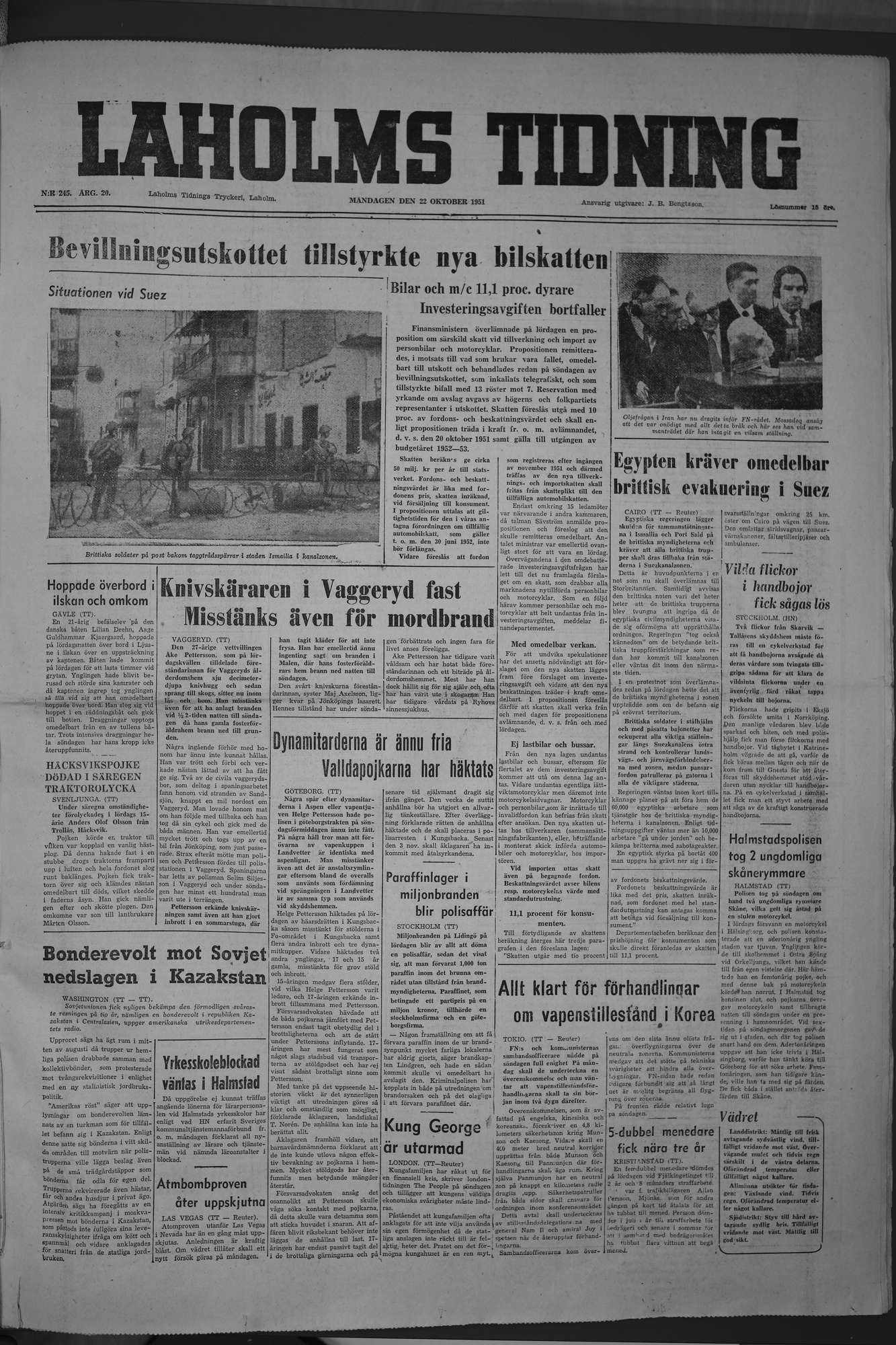 Laholms Tidning Måndag 22 oktober 1951, sida 1