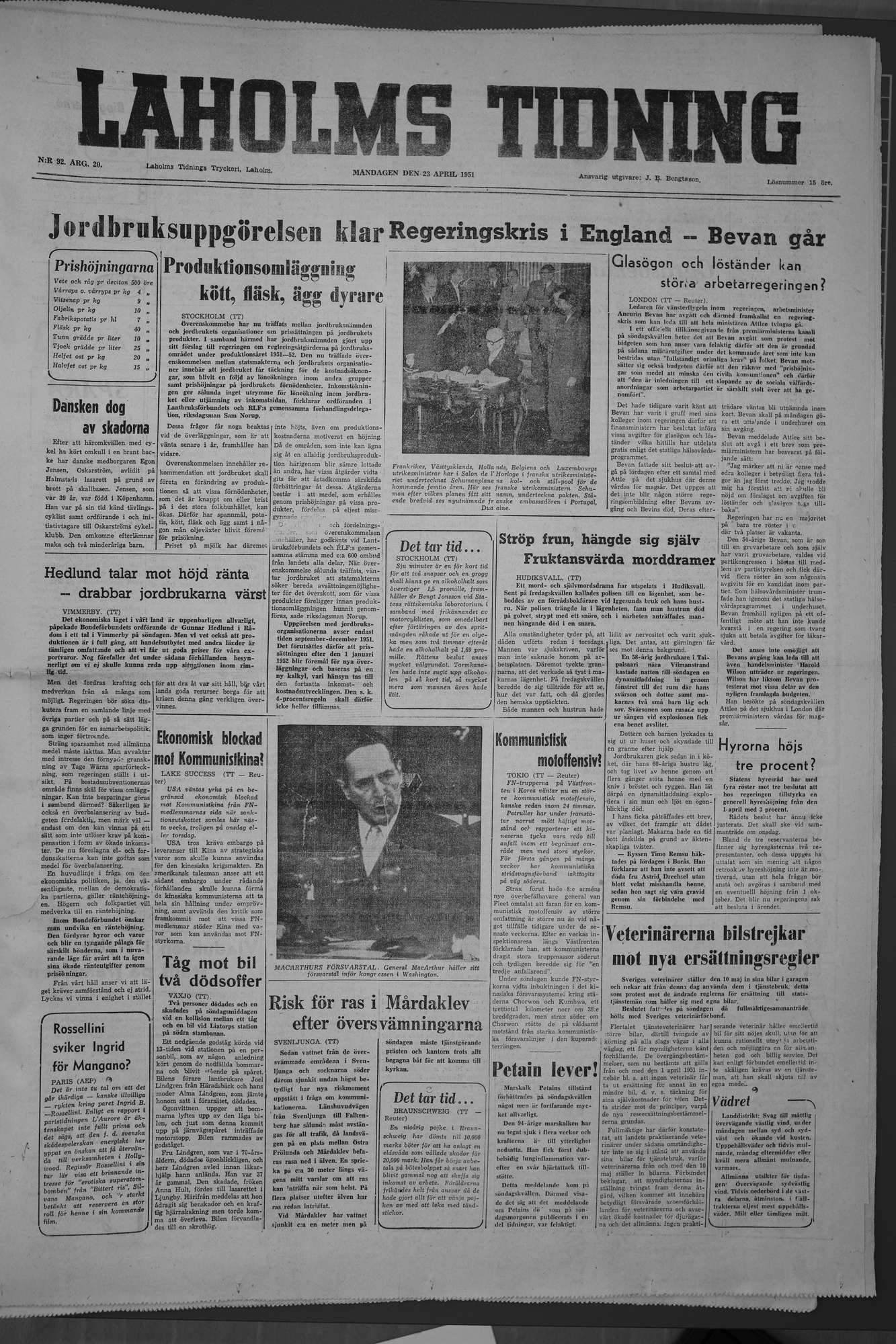 Laholms Tidning Måndag 23 april 1951, sida 1
