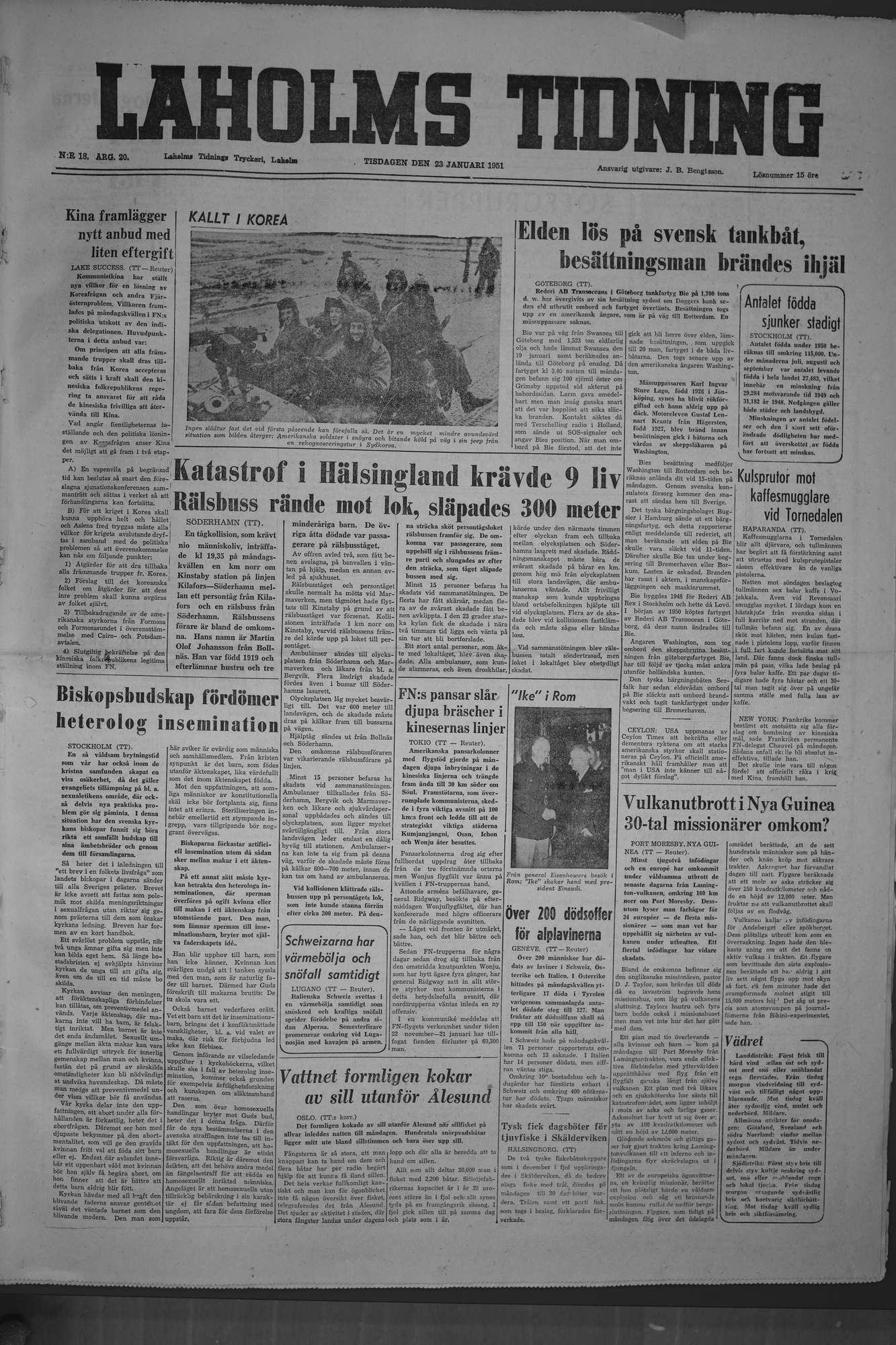 Laholms Tidning Tisdag 23 januari 1951, sida 1
