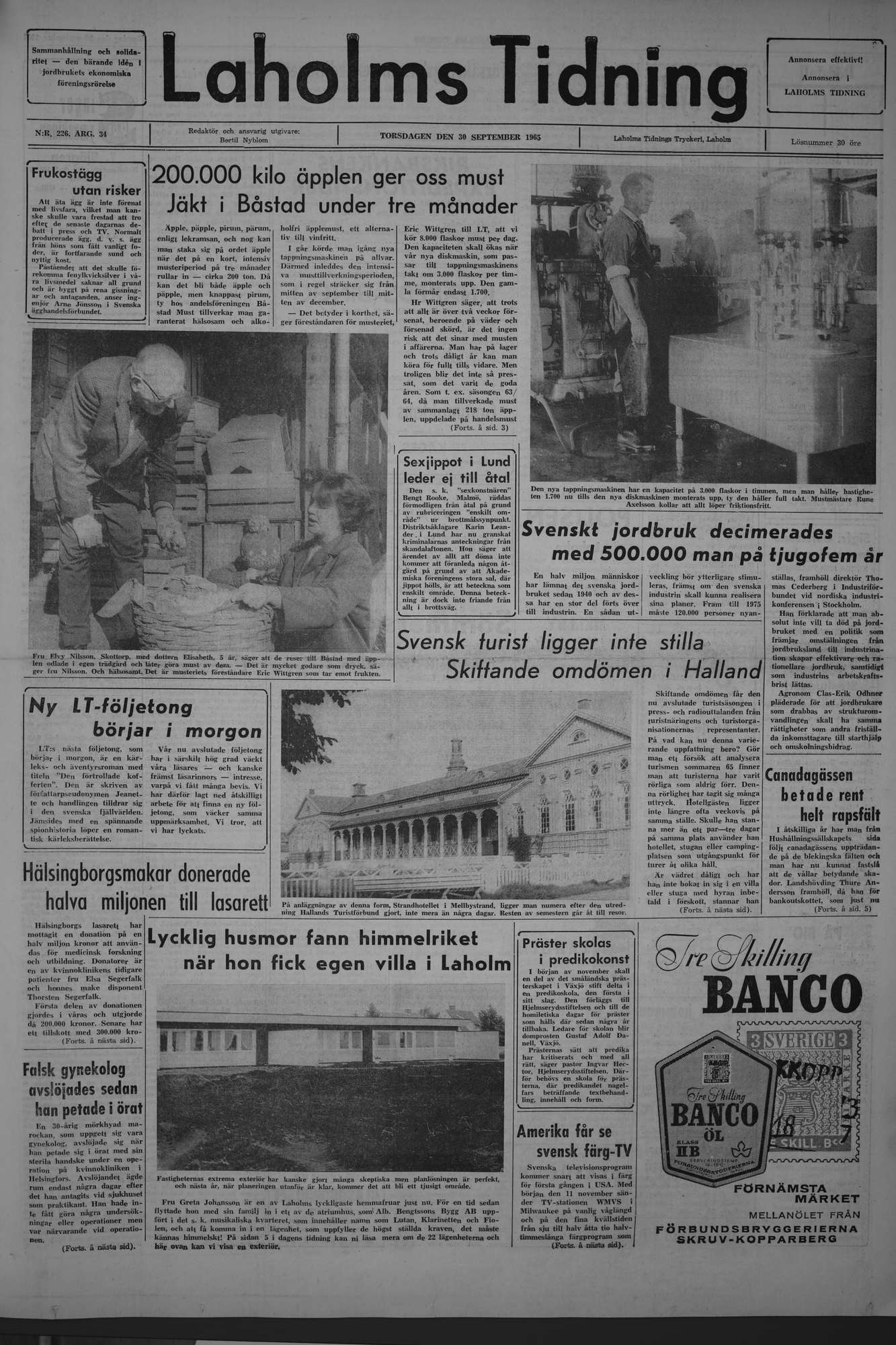 Laholms Tidning Torsdag 30 september 1965, sida 1