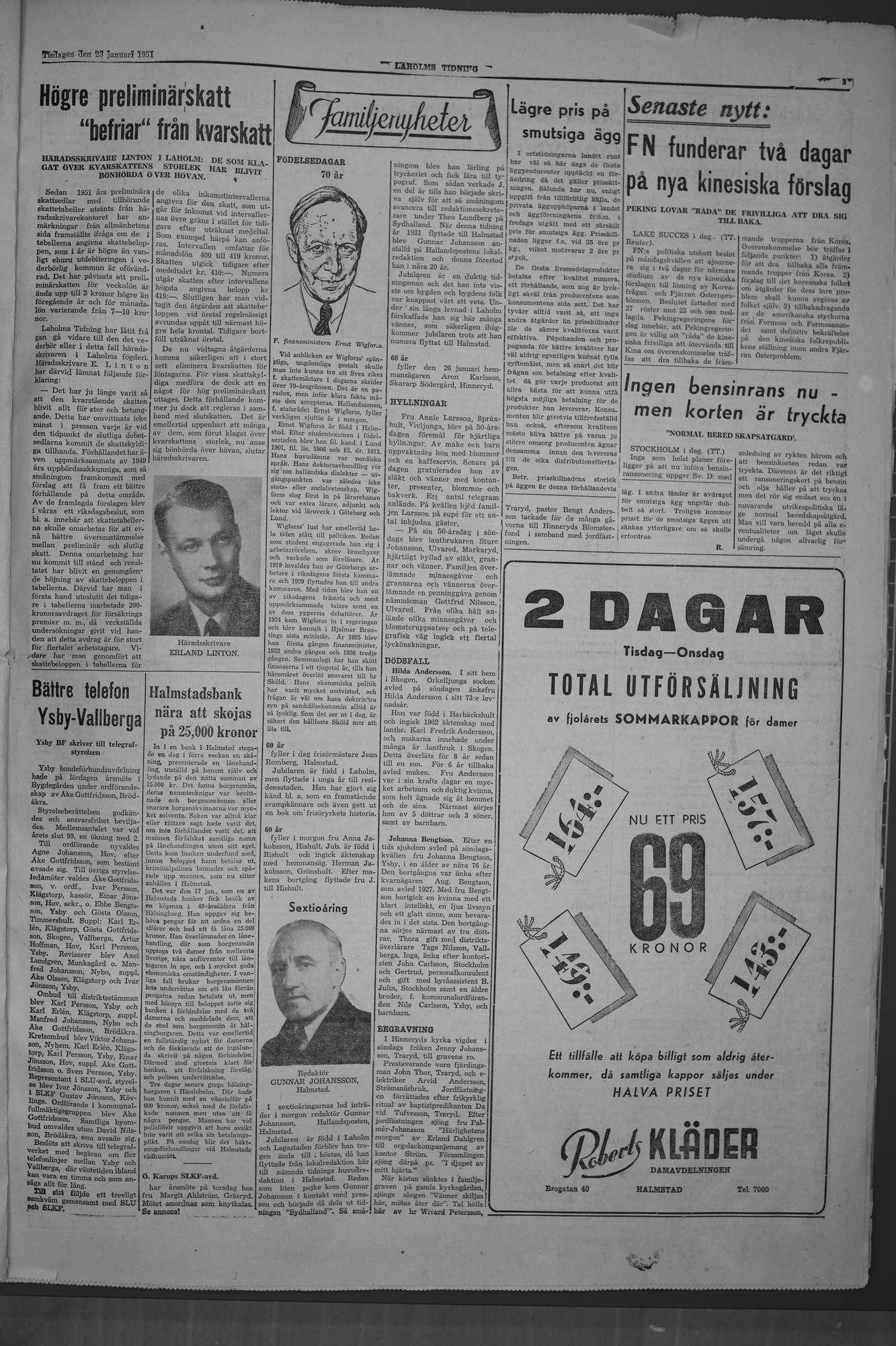 Laholms Tidning Tisdag 23 januari 1951, sida 3