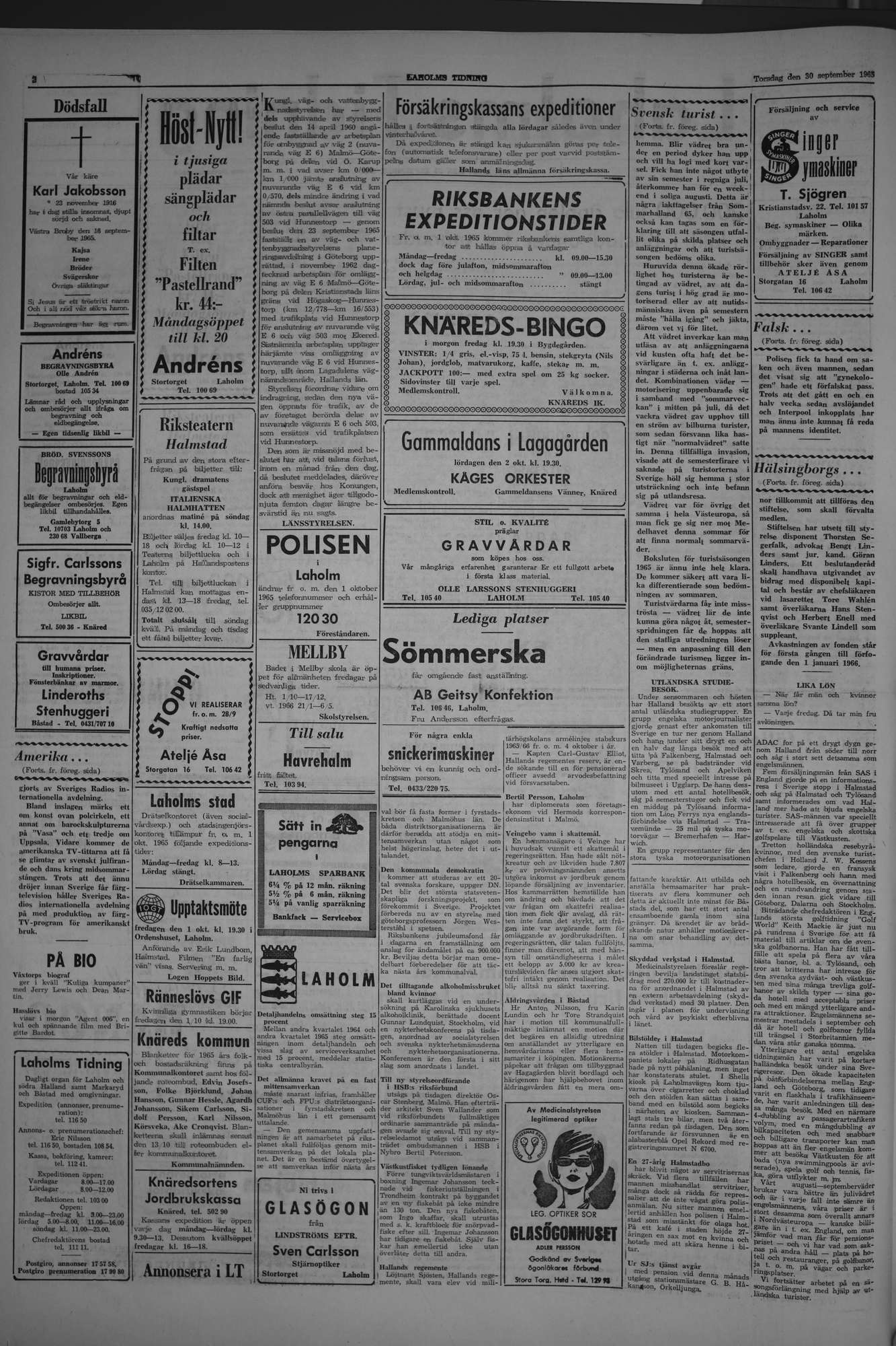Laholms Tidning Torsdag 30 september 1965, sida 2