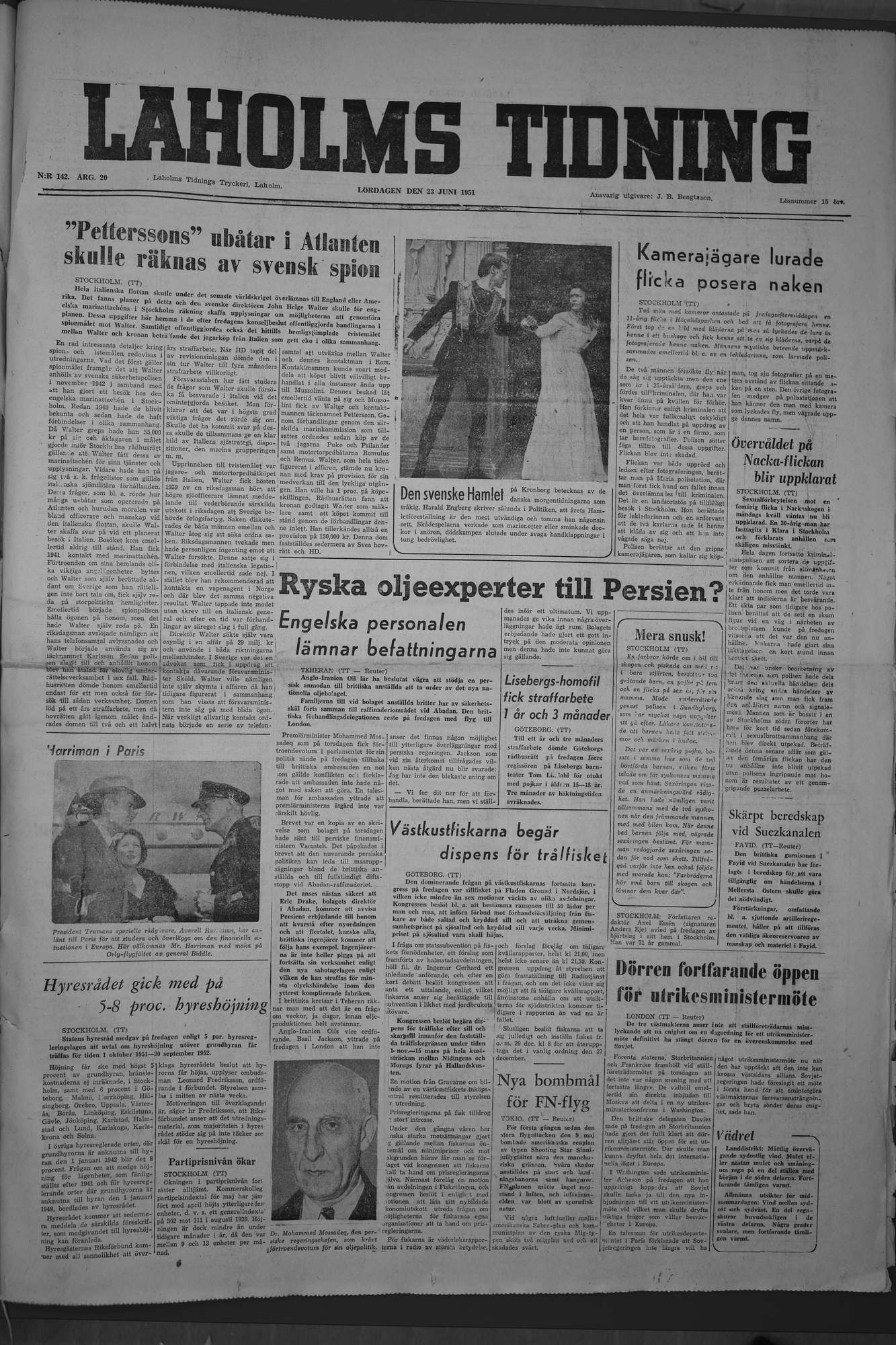 Laholms Tidning Lördag 23 juni 1951, sida 1
