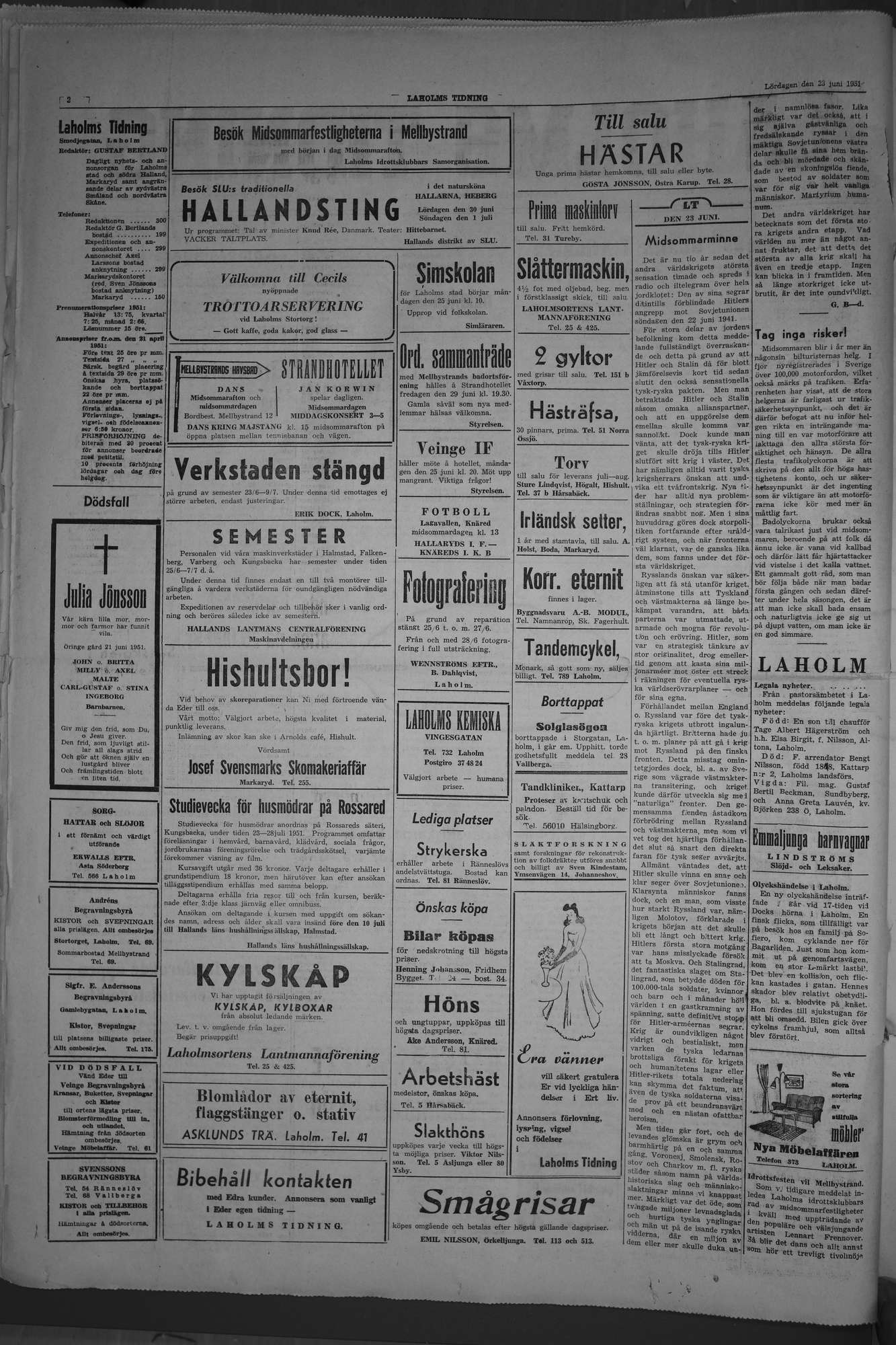 Laholms Tidning Lördag 23 juni 1951, sida 2