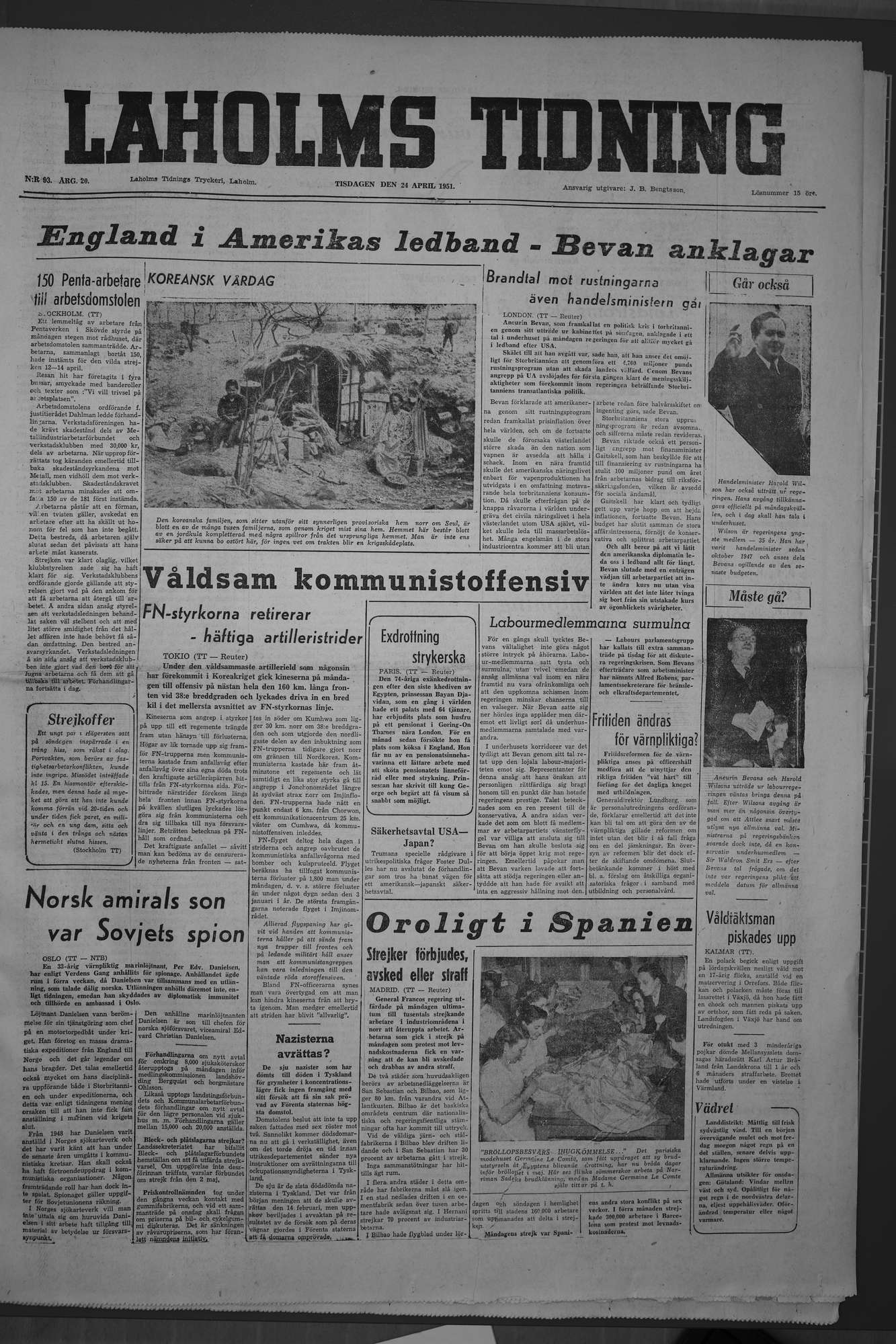 Laholms Tidning Tisdag 24 april 1951, sida 1