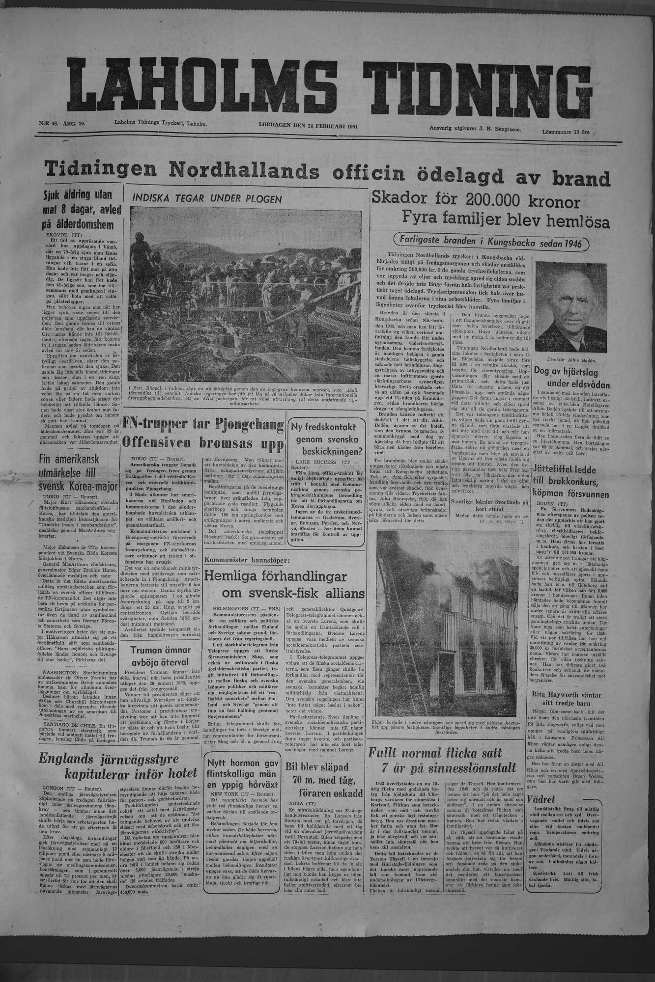 Laholms Tidning Lördag 24 februari 1951, sida 1