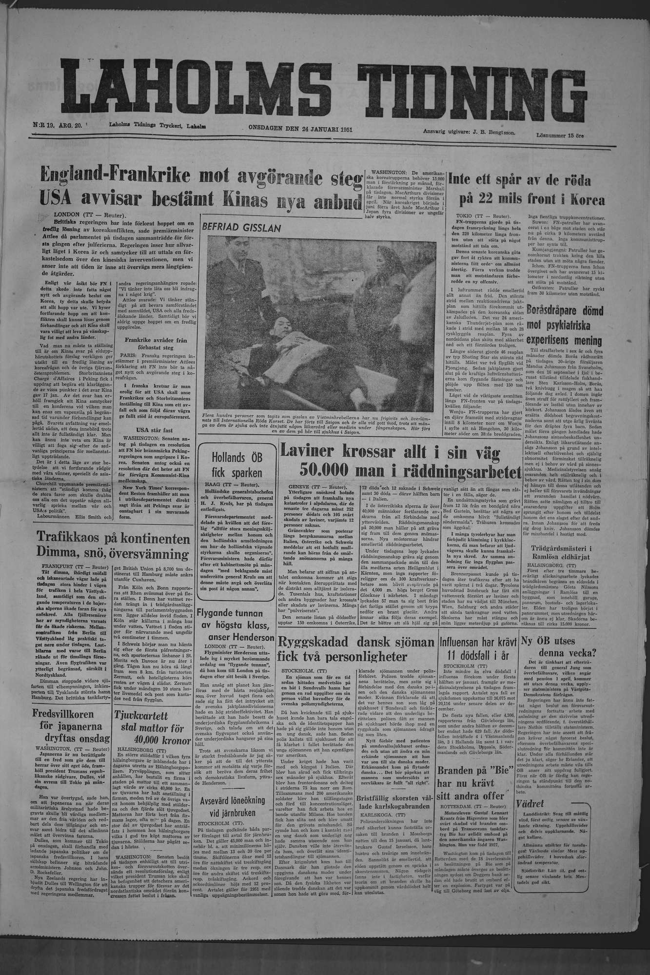 Laholms Tidning Onsdag 24 januari 1951, sida 1