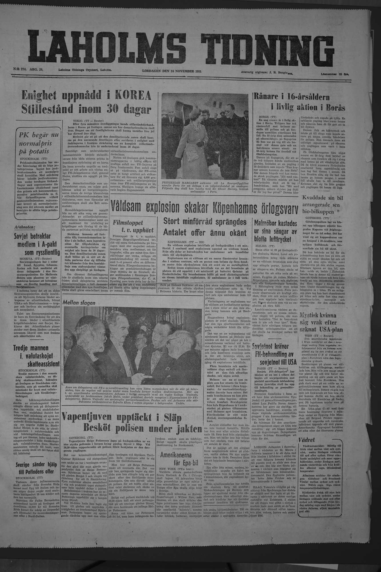 Laholms Tidning Lördag 24 november 1951, sida 1