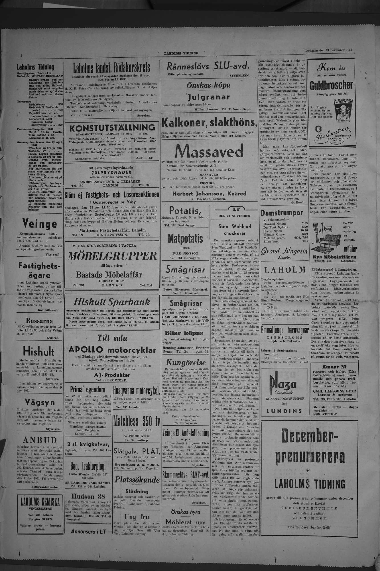 Laholms Tidning Lördag 24 november 1951, sida 2