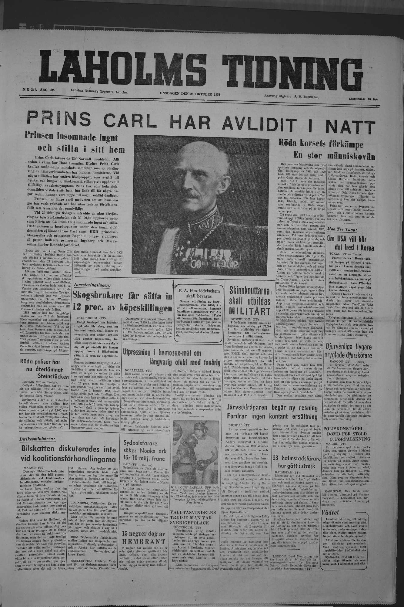 Laholms Tidning Onsdag 24 oktober 1951, sida 1
