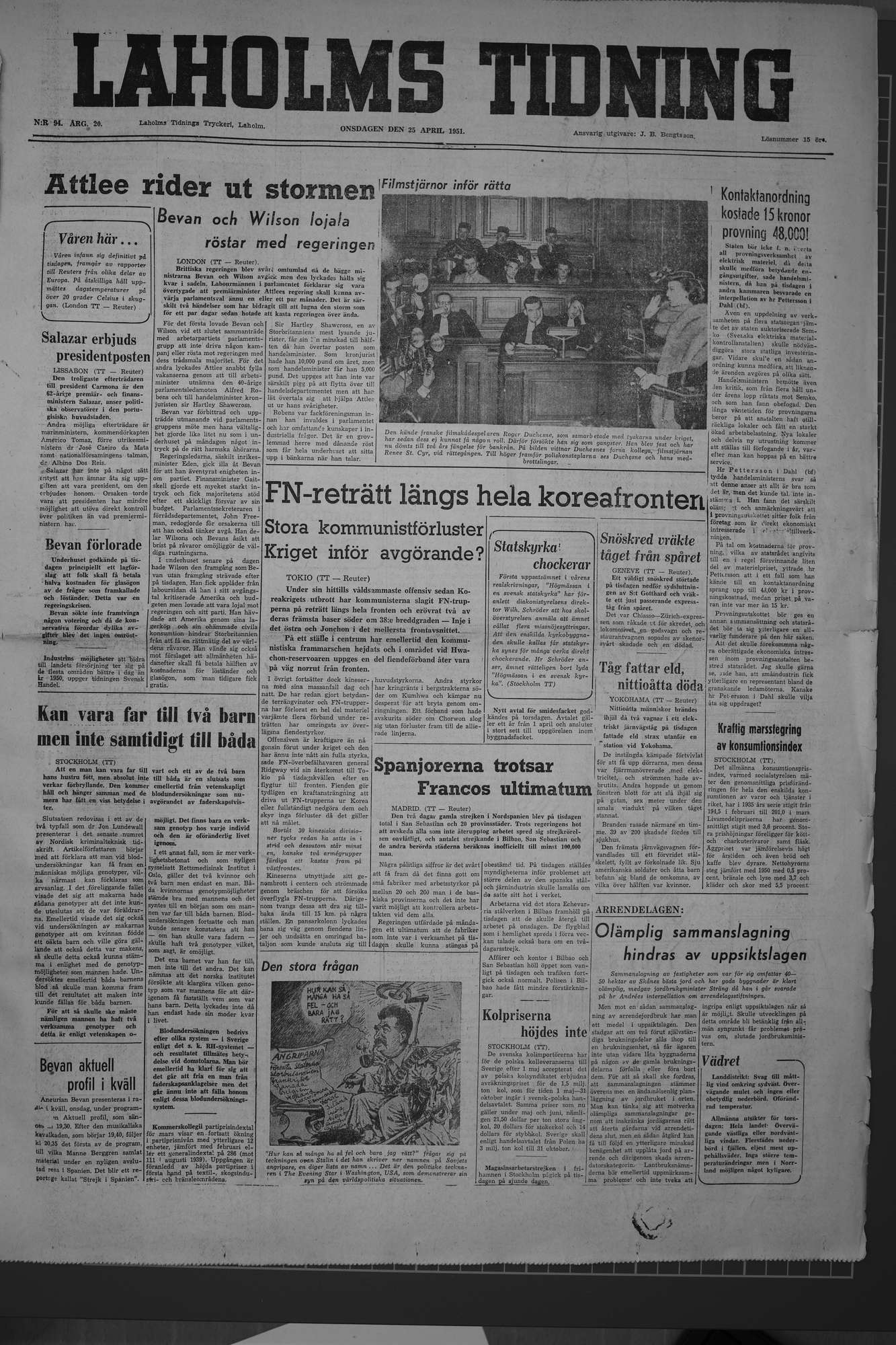 Laholms Tidning Onsdag 25 april 1951, sida 1