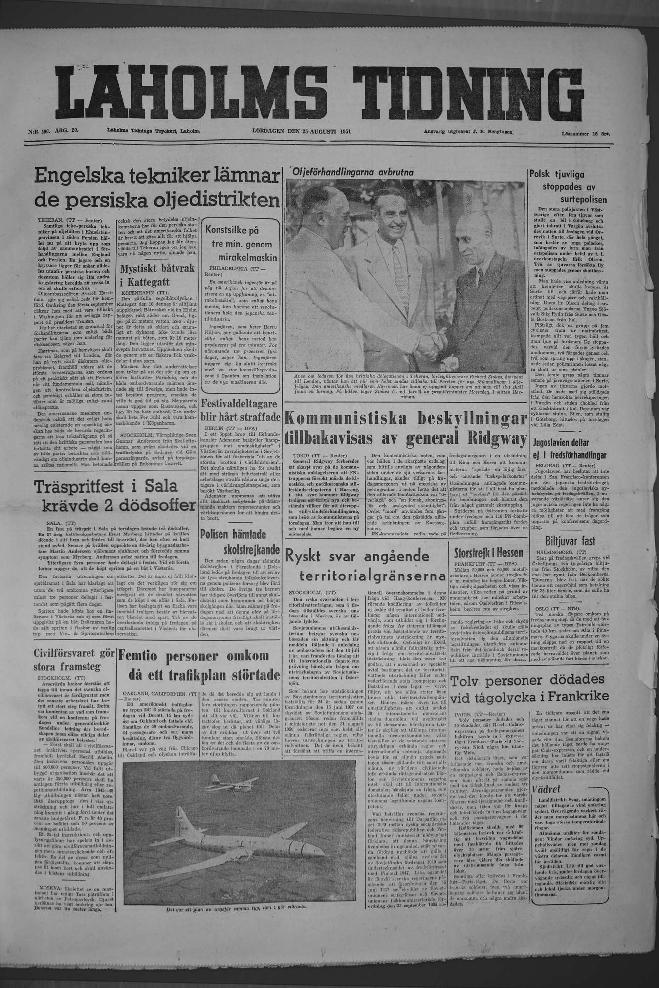 Laholms Tidning Lördag 25 augusti 1951, sida 1