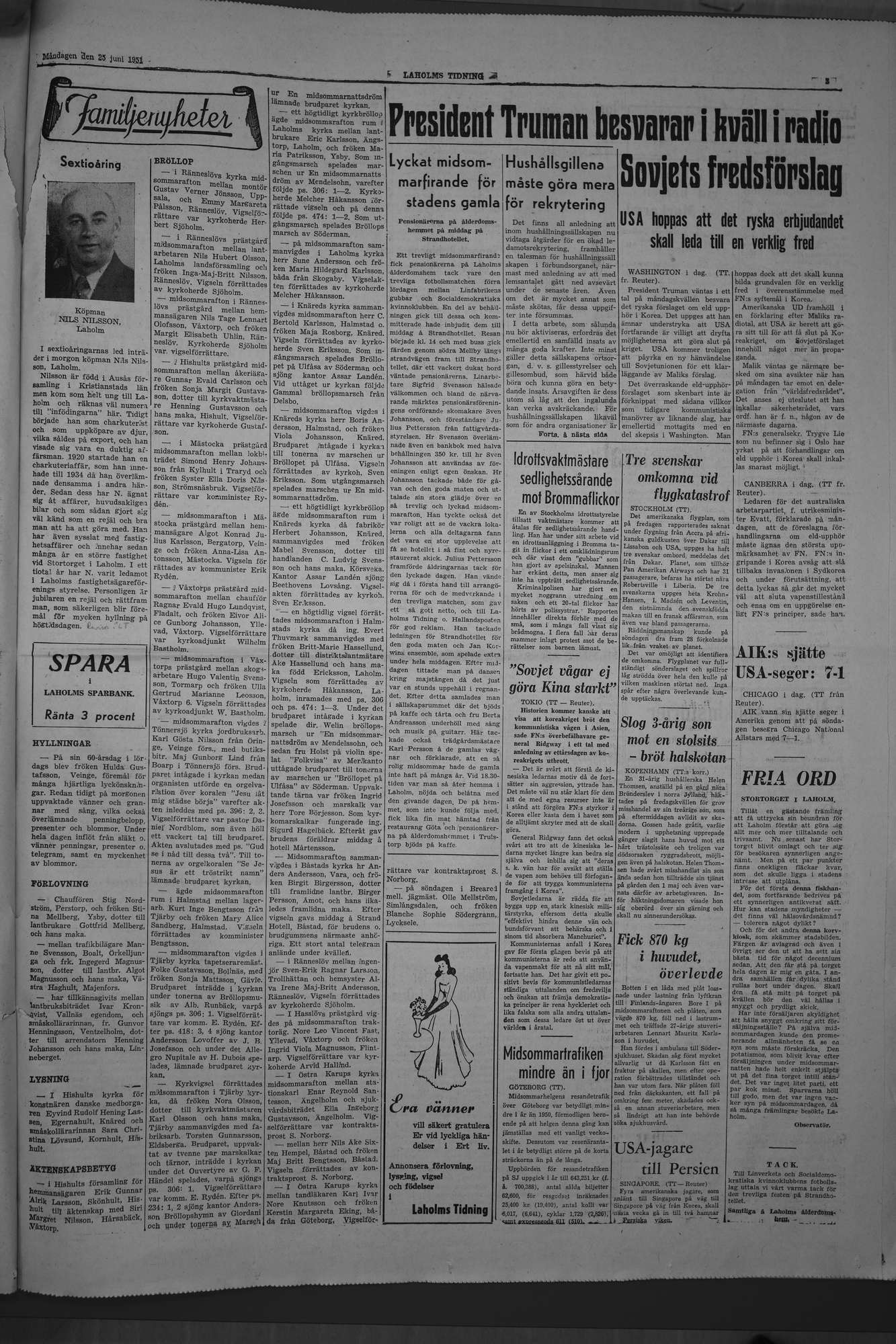Laholms Tidning Måndag 25 juni 1951, sida 3