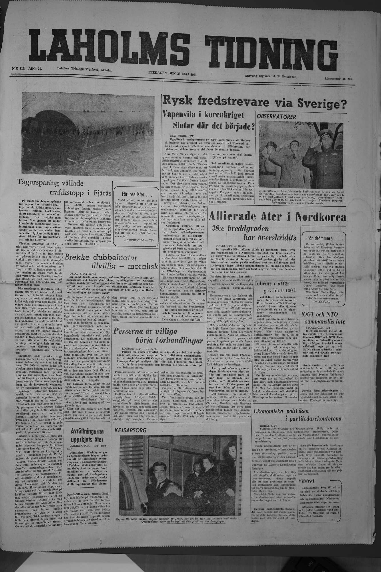 Laholms Tidning Fredag 25 maj 1951, sida 1