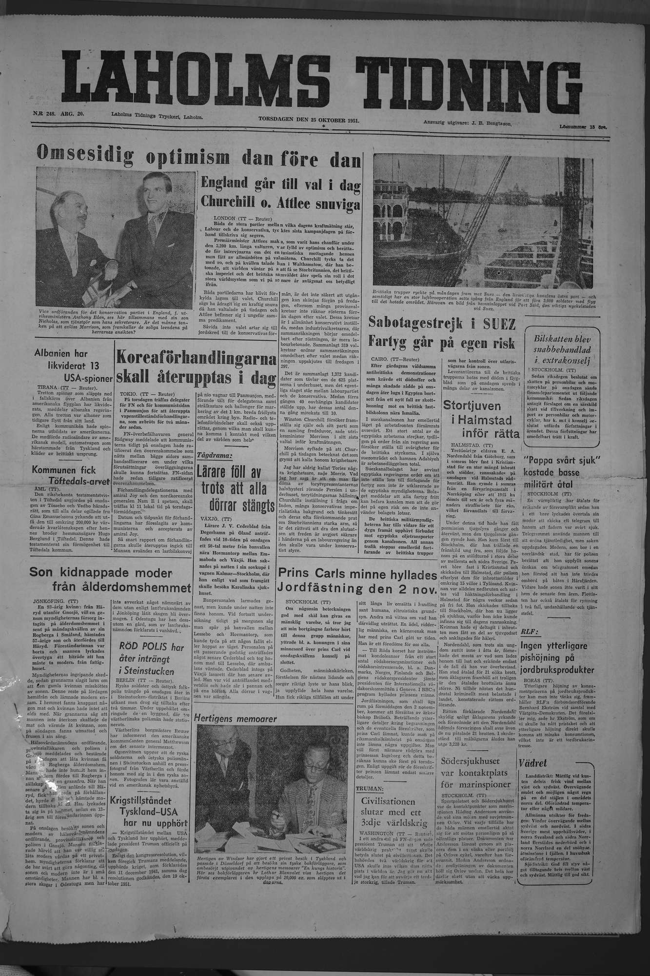 Laholms Tidning Torsdag 25 oktober 1951, sida 1