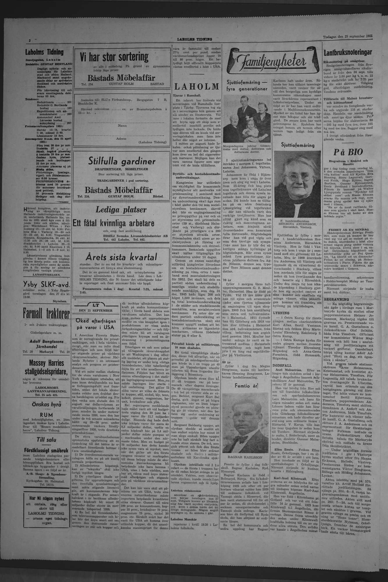 Laholms Tidning Tisdag 25 september 1951, sida 2