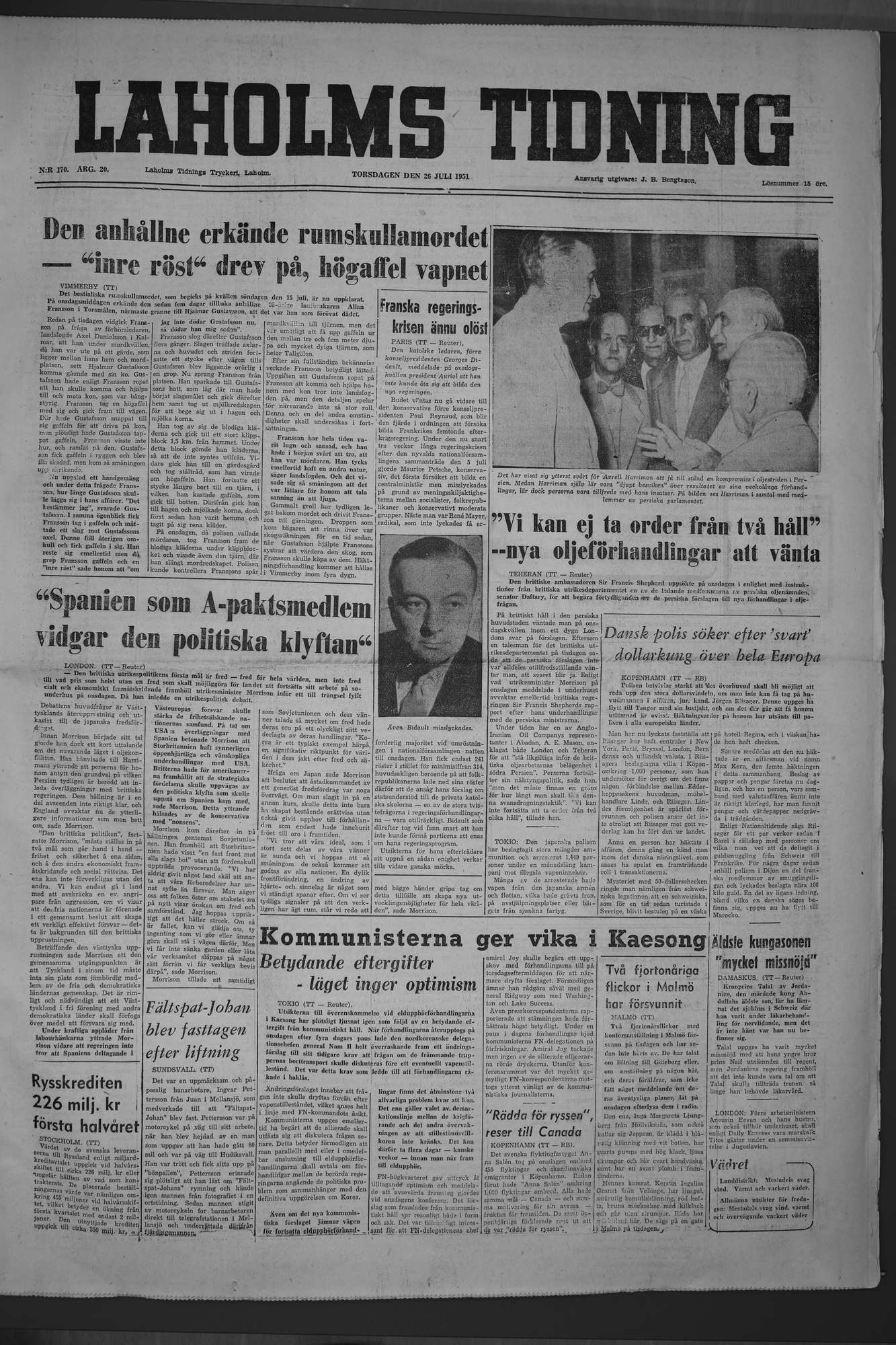 Laholms Tidning Torsdag 26 juli 1951, sida 1