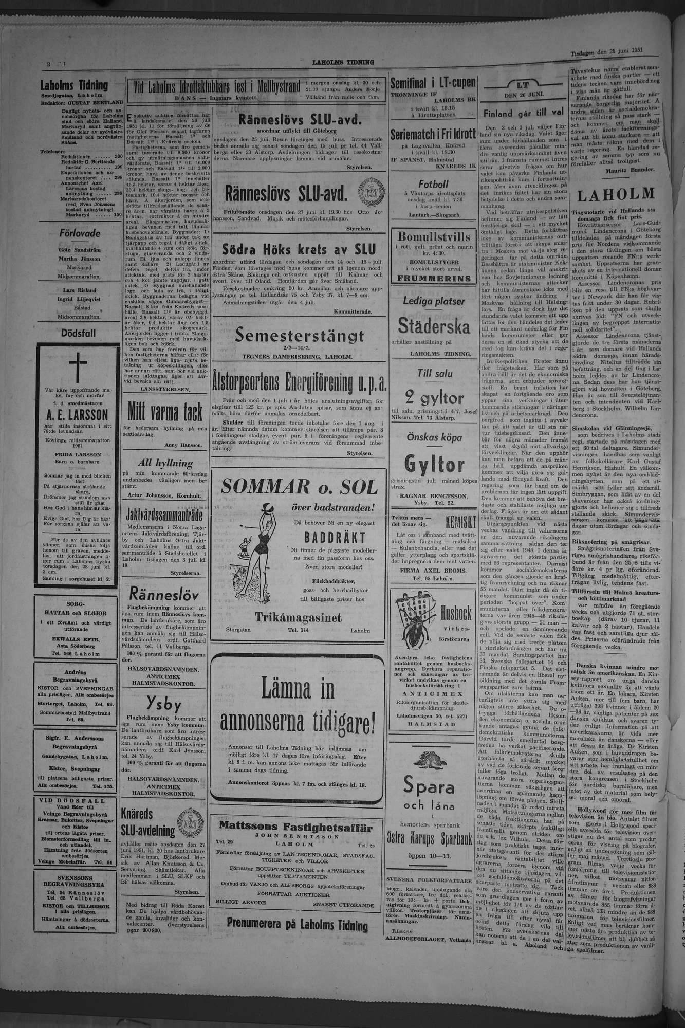 Laholms Tidning Tisdag 26 juni 1951, sida 2