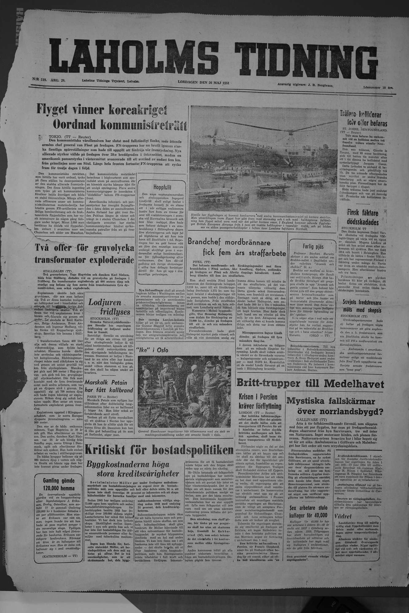 Laholms Tidning Lördag 26 maj 1951, sida 1
