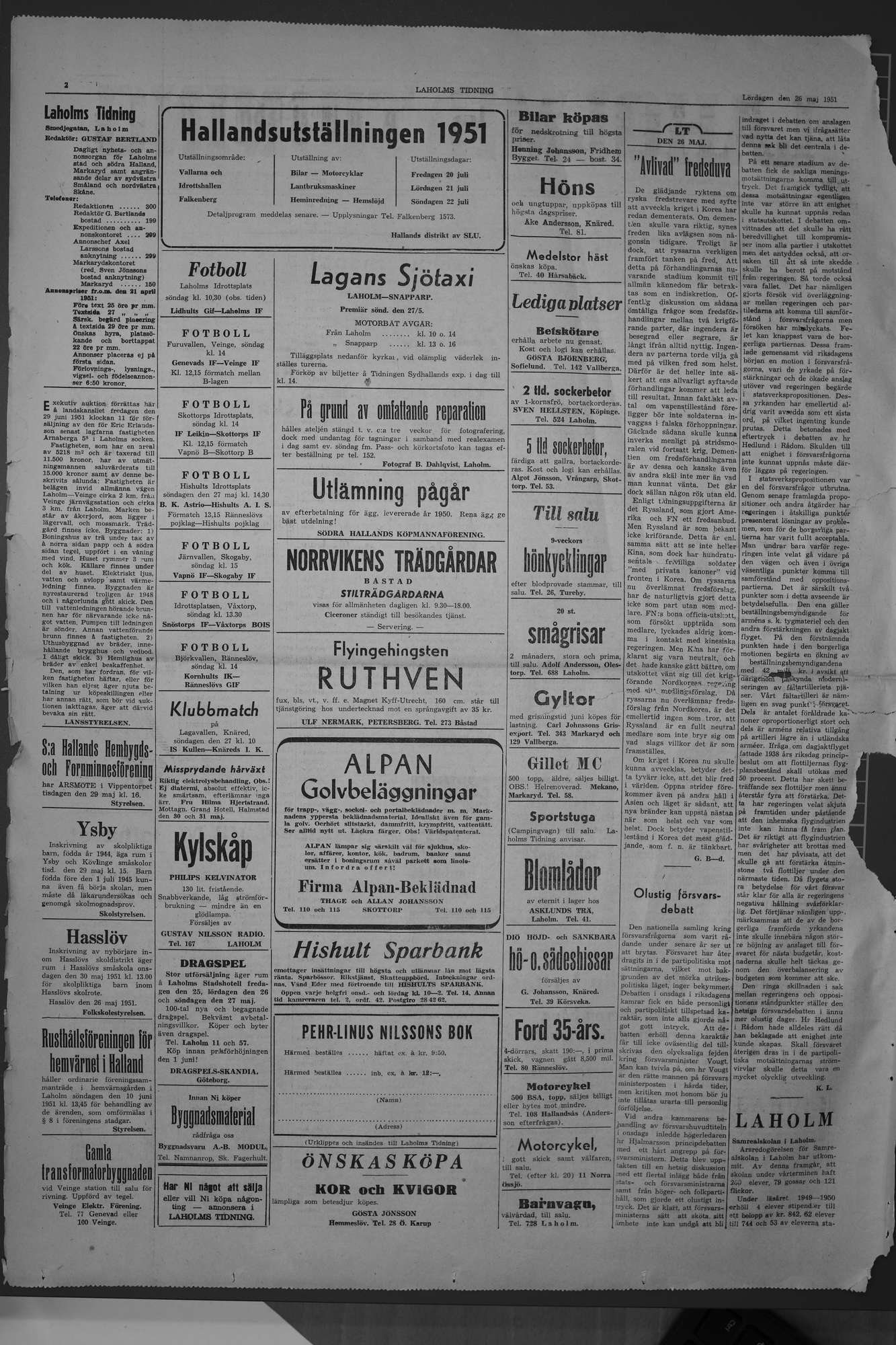 Laholms Tidning Lördag 26 maj 1951, sida 2