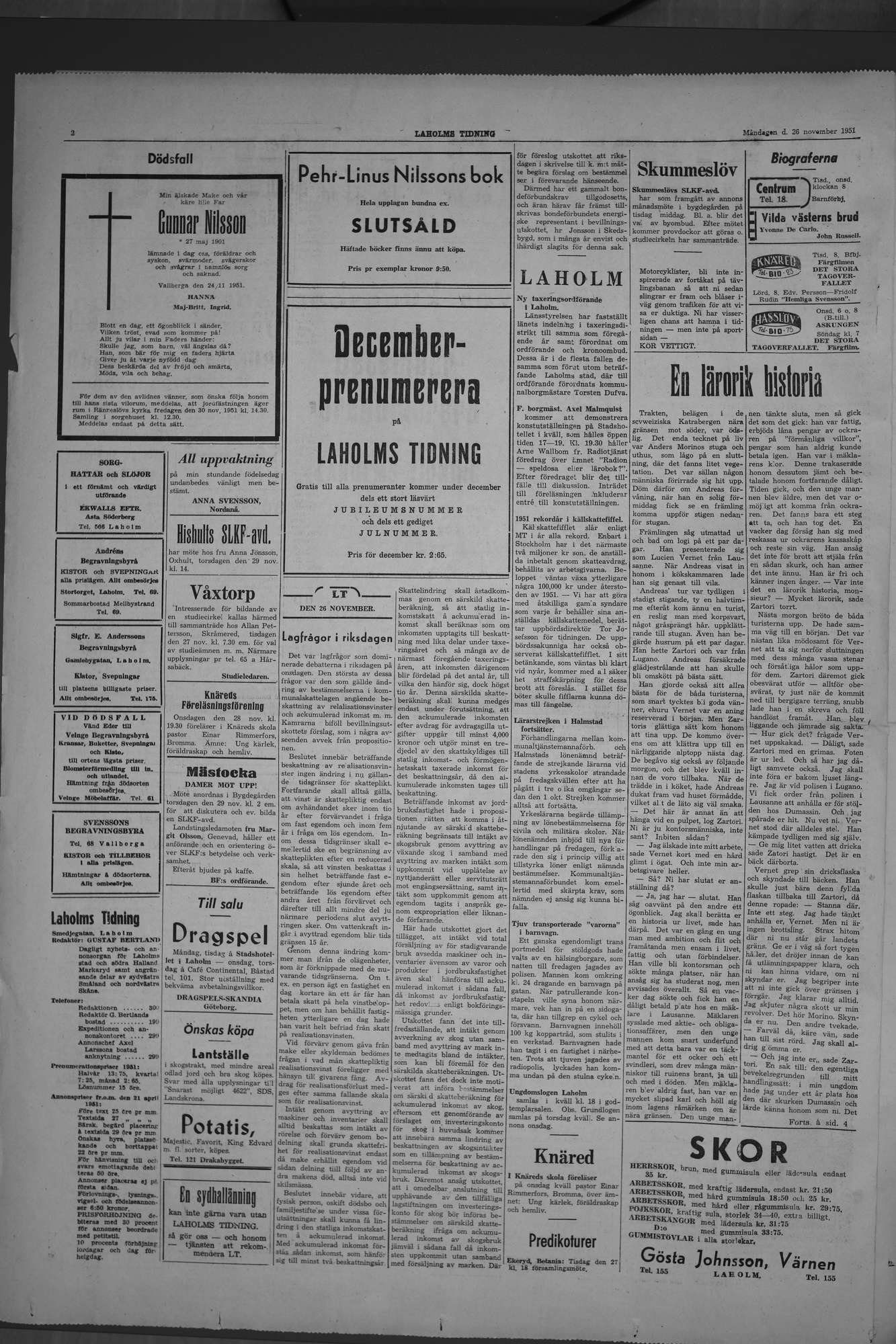 Laholms Tidning Måndag 26 november 1951, sida 2
