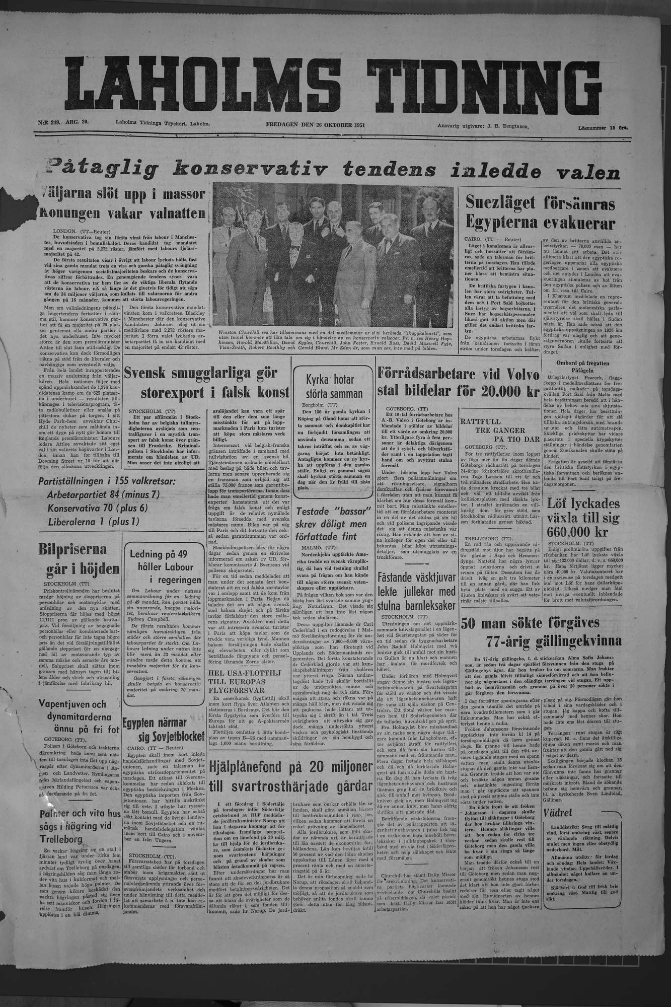 Laholms Tidning Fredag 26 oktober 1951, sida 1