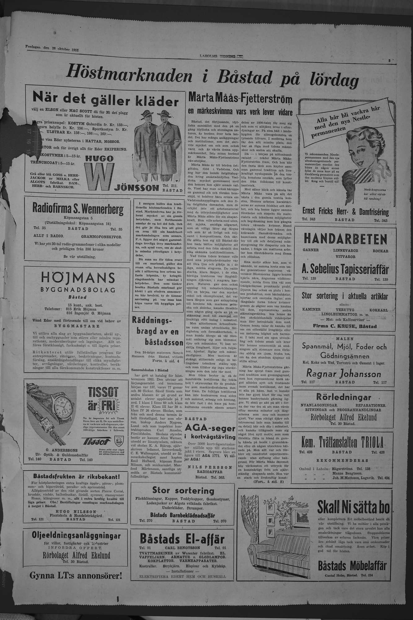 Laholms Tidning Fredag 26 oktober 1951, sida 5