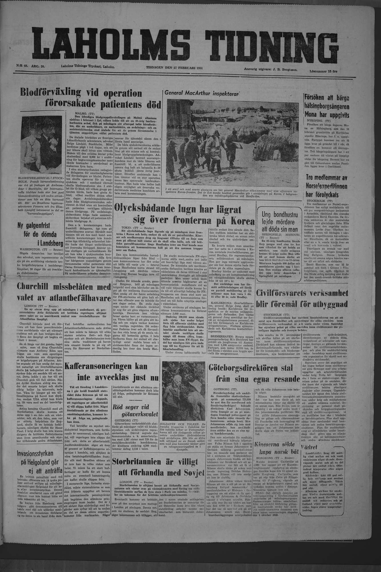 Laholms Tidning Tisdag 27 februari 1951, sida 1