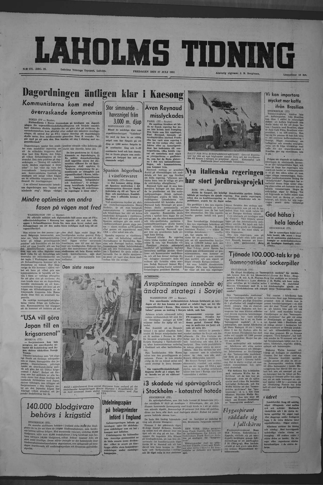 Laholms Tidning Fredag 27 juli 1951, sida 1