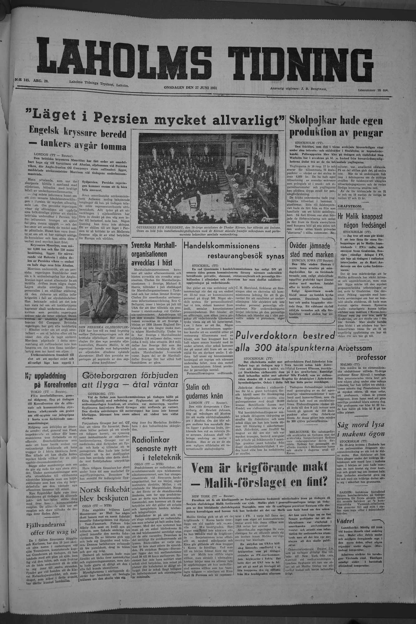 Laholms Tidning Onsdag 27 juni 1951, sida 1
