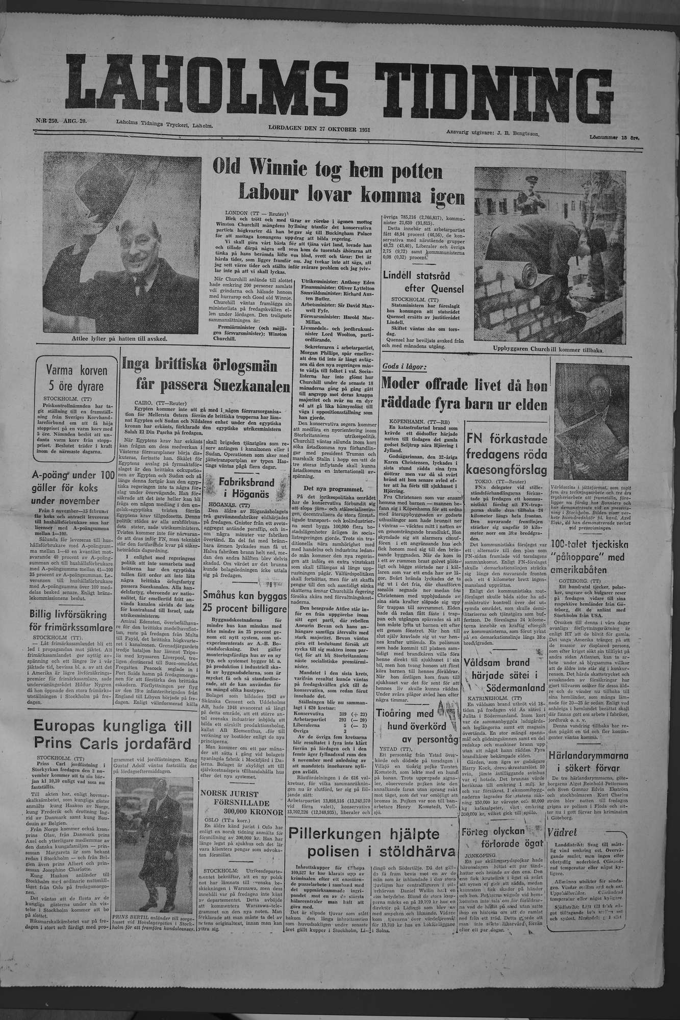 Laholms Tidning Lördag 27 oktober 1951, sida 1