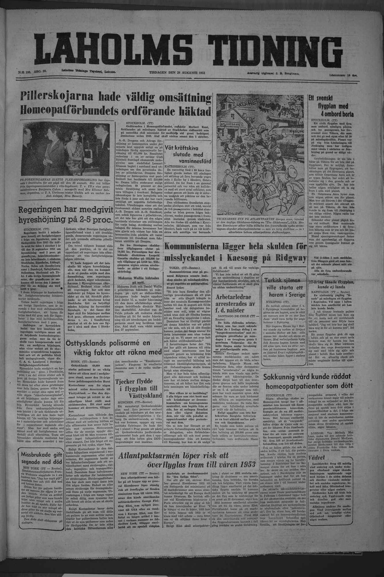 Laholms Tidning Tisdag 28 augusti 1951, sida 1
