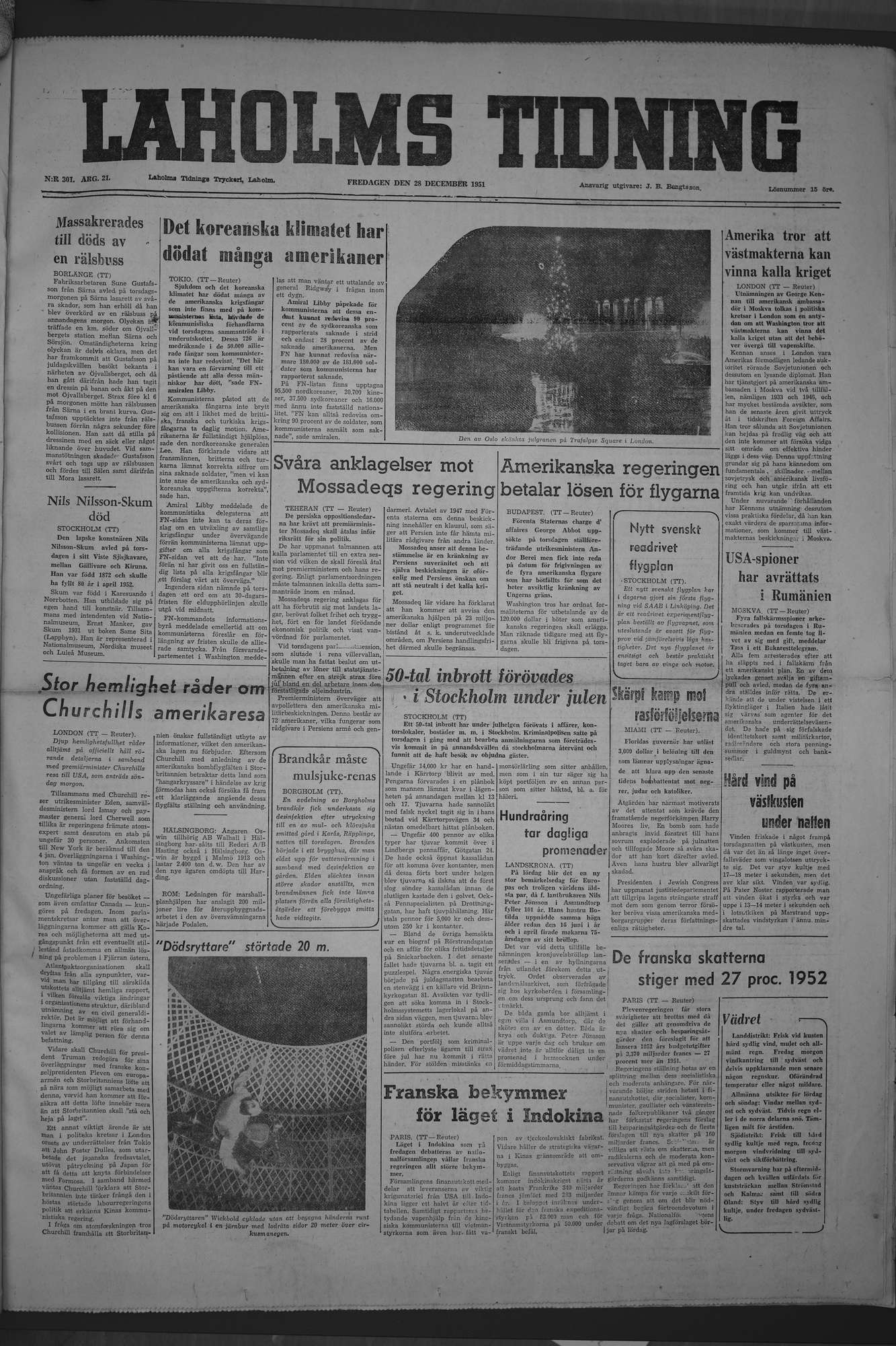 Laholms Tidning Fredag 28 december 1951, sida 1