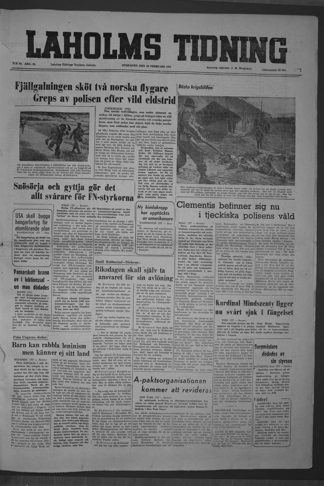 Laholms Tidning Onsdag 28 februari 1951, sida 1