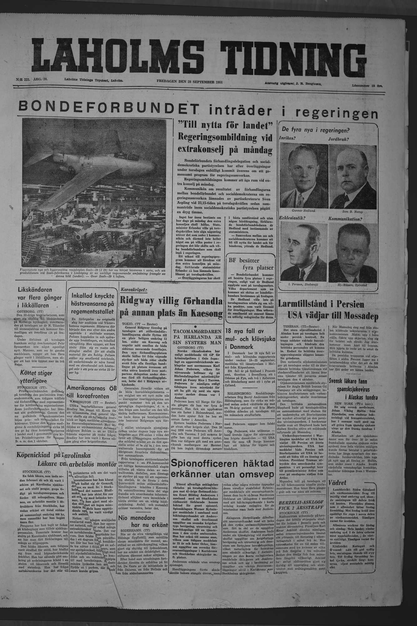 Laholms Tidning Fredag 28 september 1951, sida 1