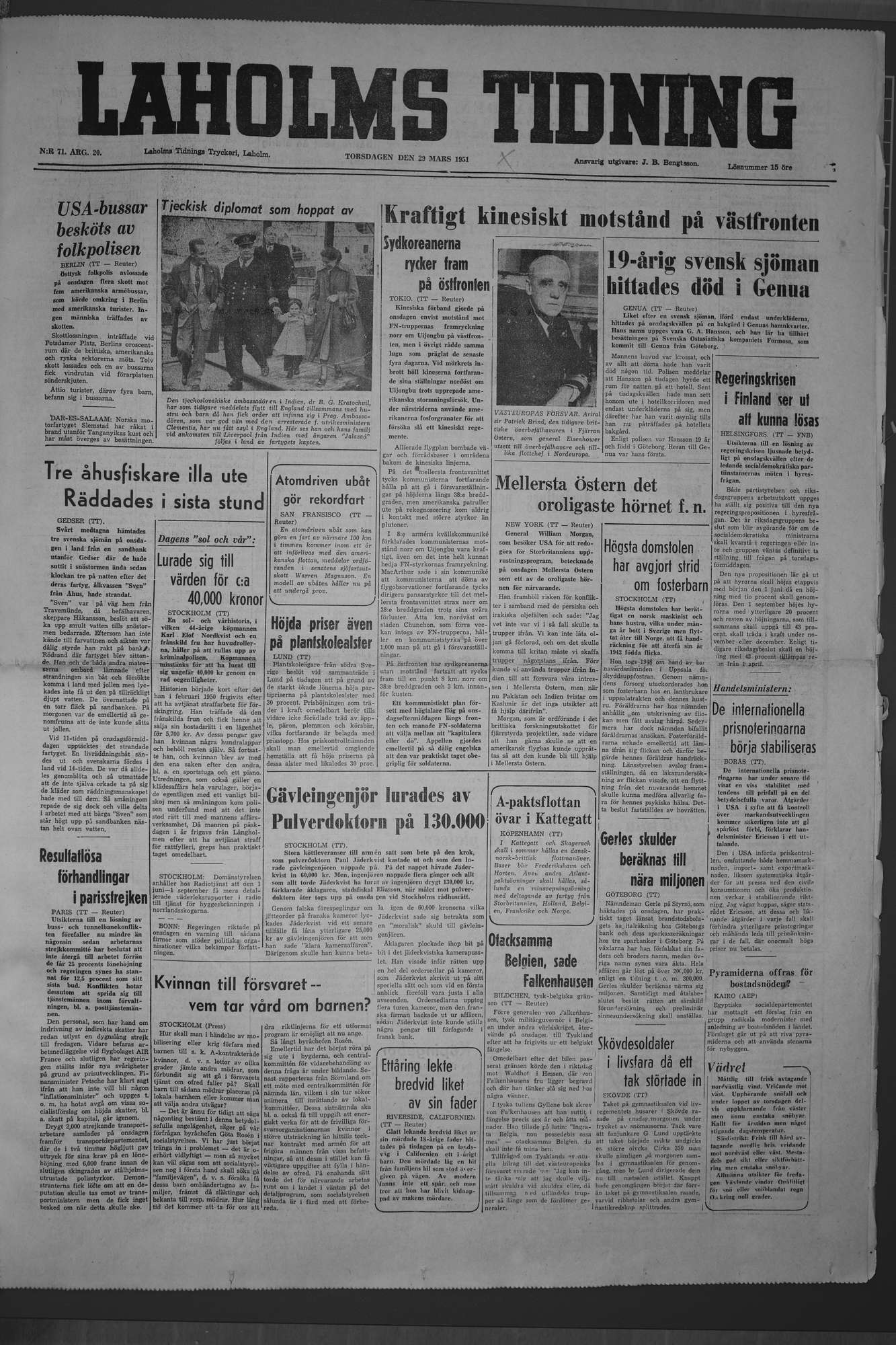 Laholms Tidning Torsdag 29 mars 1951, sida 1