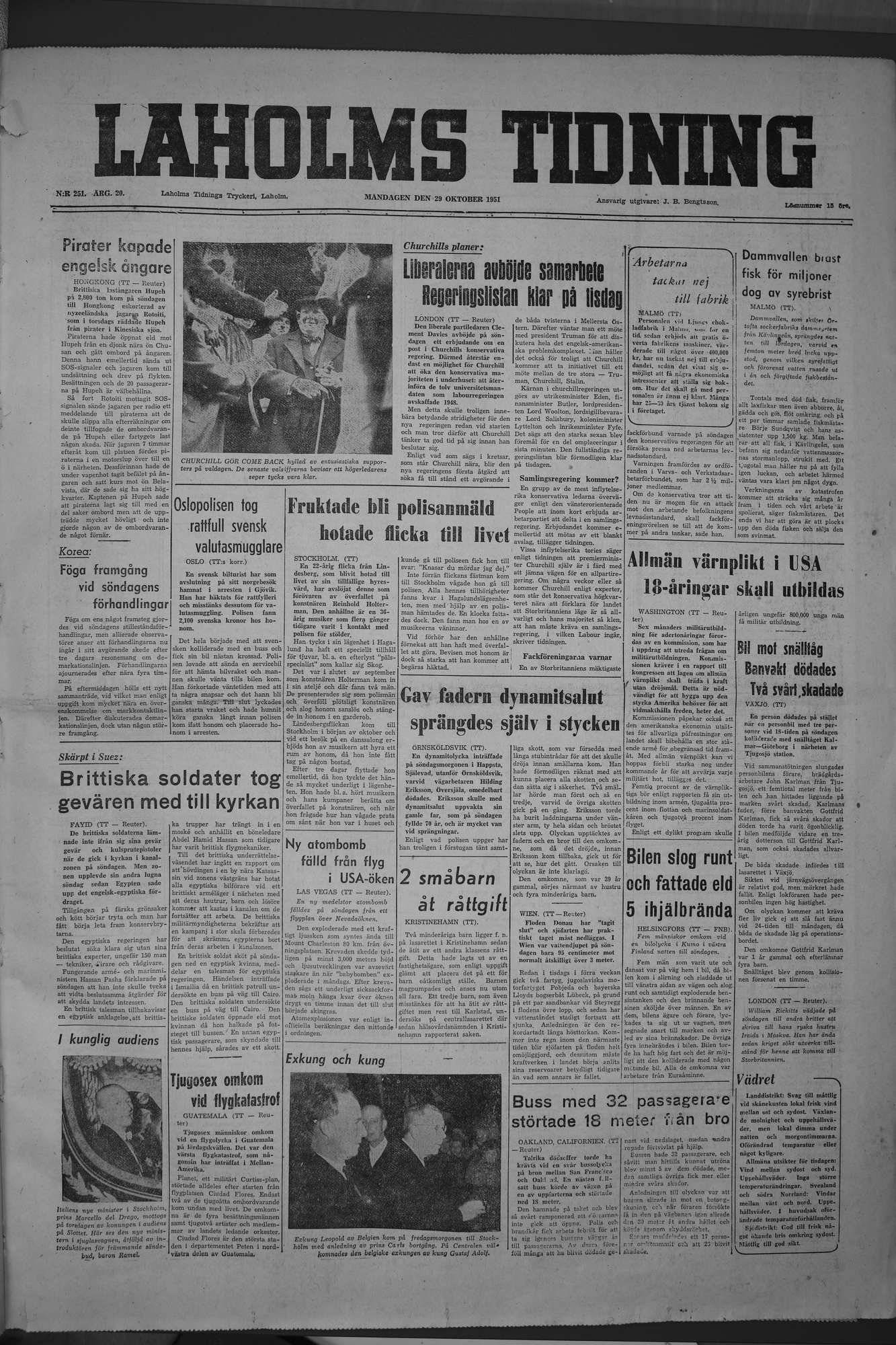 Laholms Tidning Måndag 29 oktober 1951, sida 1