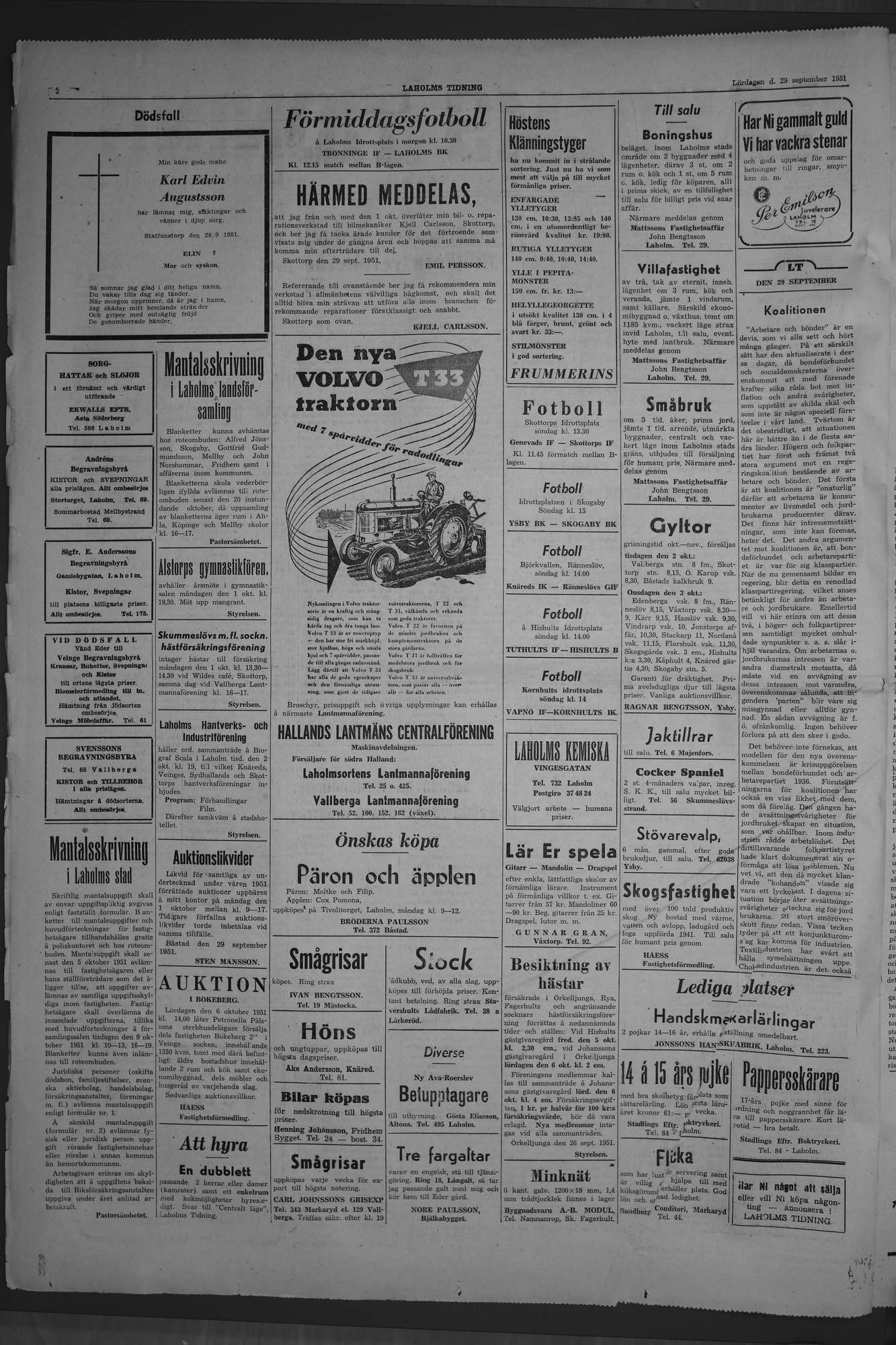Laholms Tidning Lördag 29 september 1951, sida 2