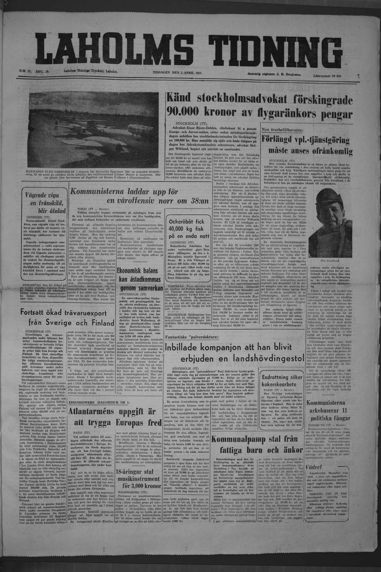Laholms Tidning Tisdag 3 april 1951, sida 1
