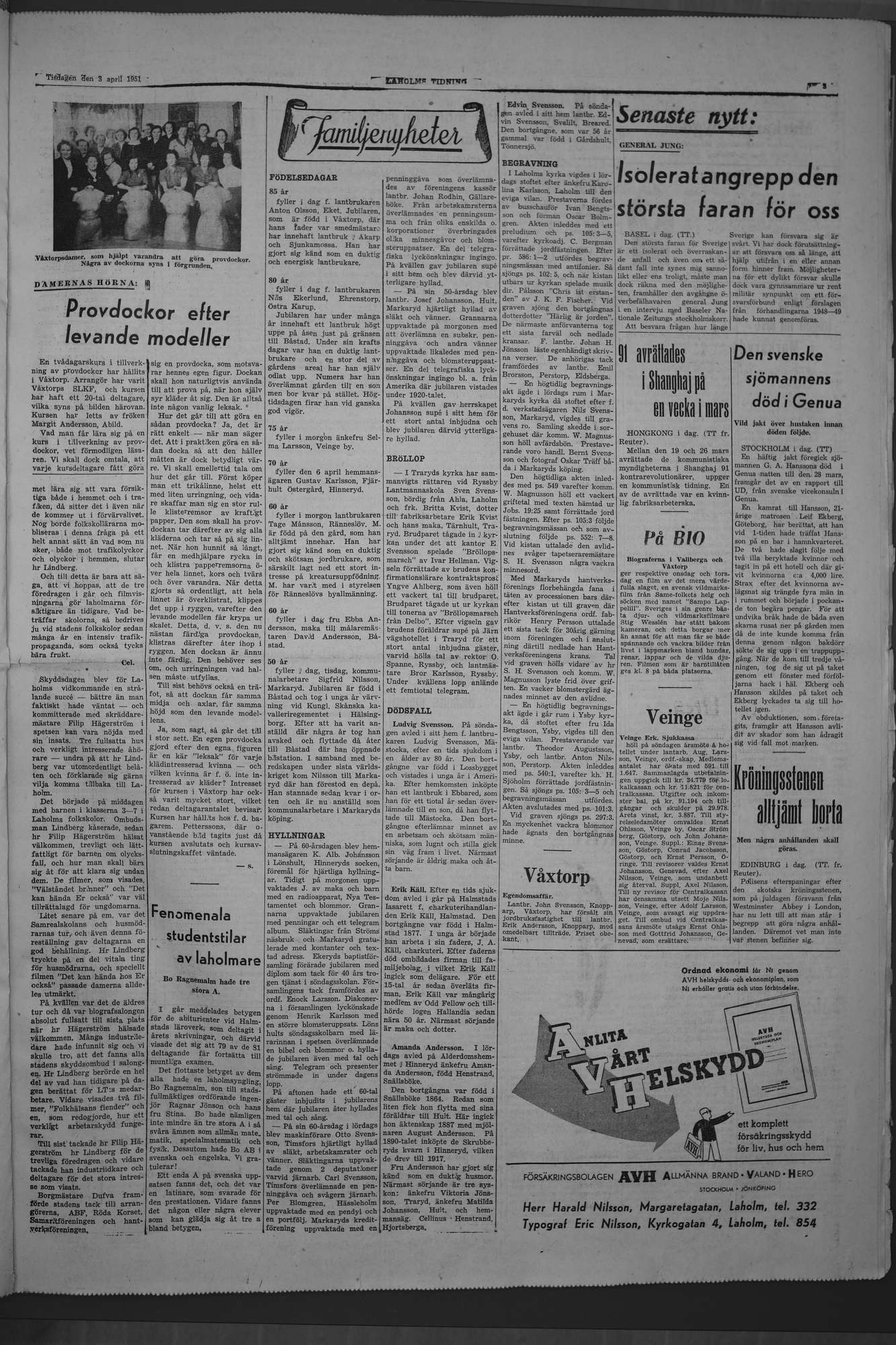 Laholms Tidning Tisdag 3 april 1951, sida 3