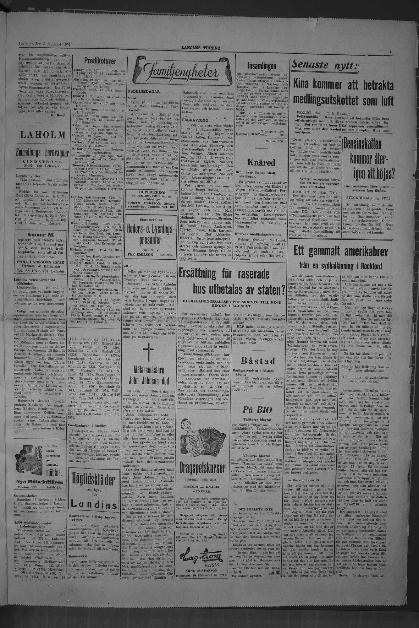 Laholms Tidning Lördag 3 februari 1951, sida 3