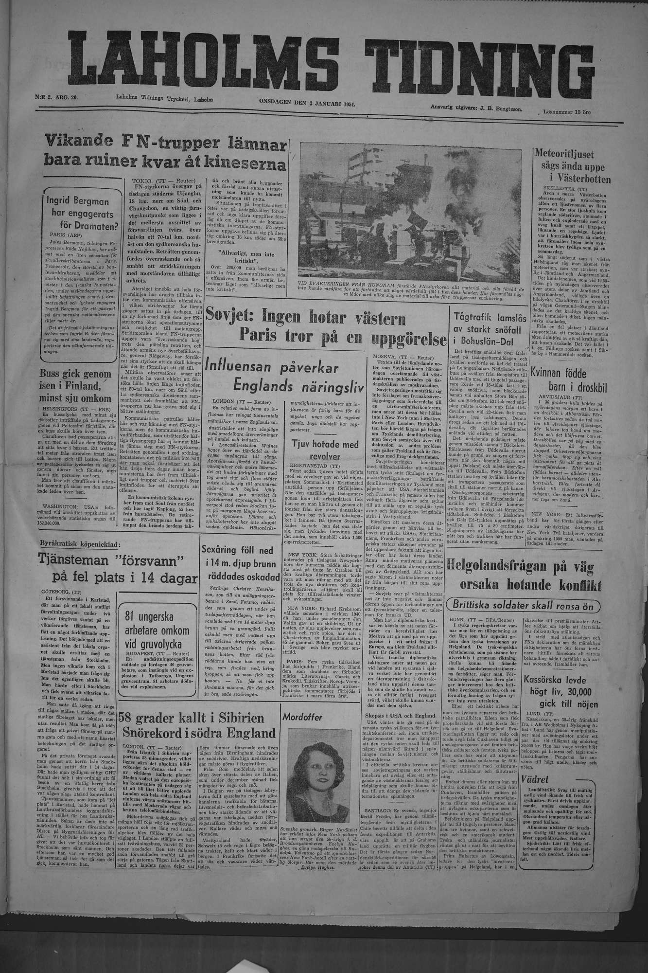 Laholms Tidning Onsdag 3 januari 1951, sida 1