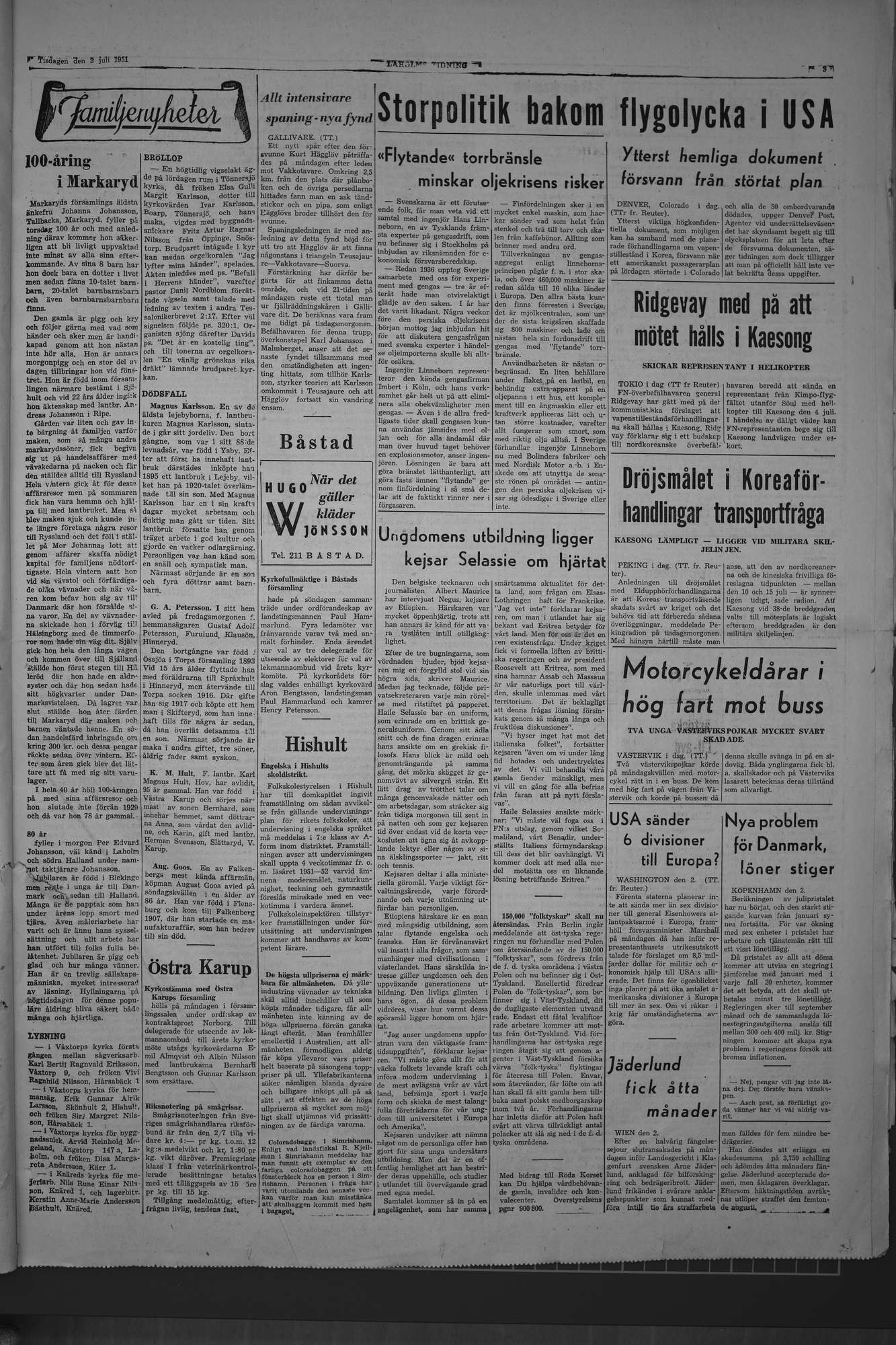 Laholms Tidning Tisdag 3 juli 1951, sida 3